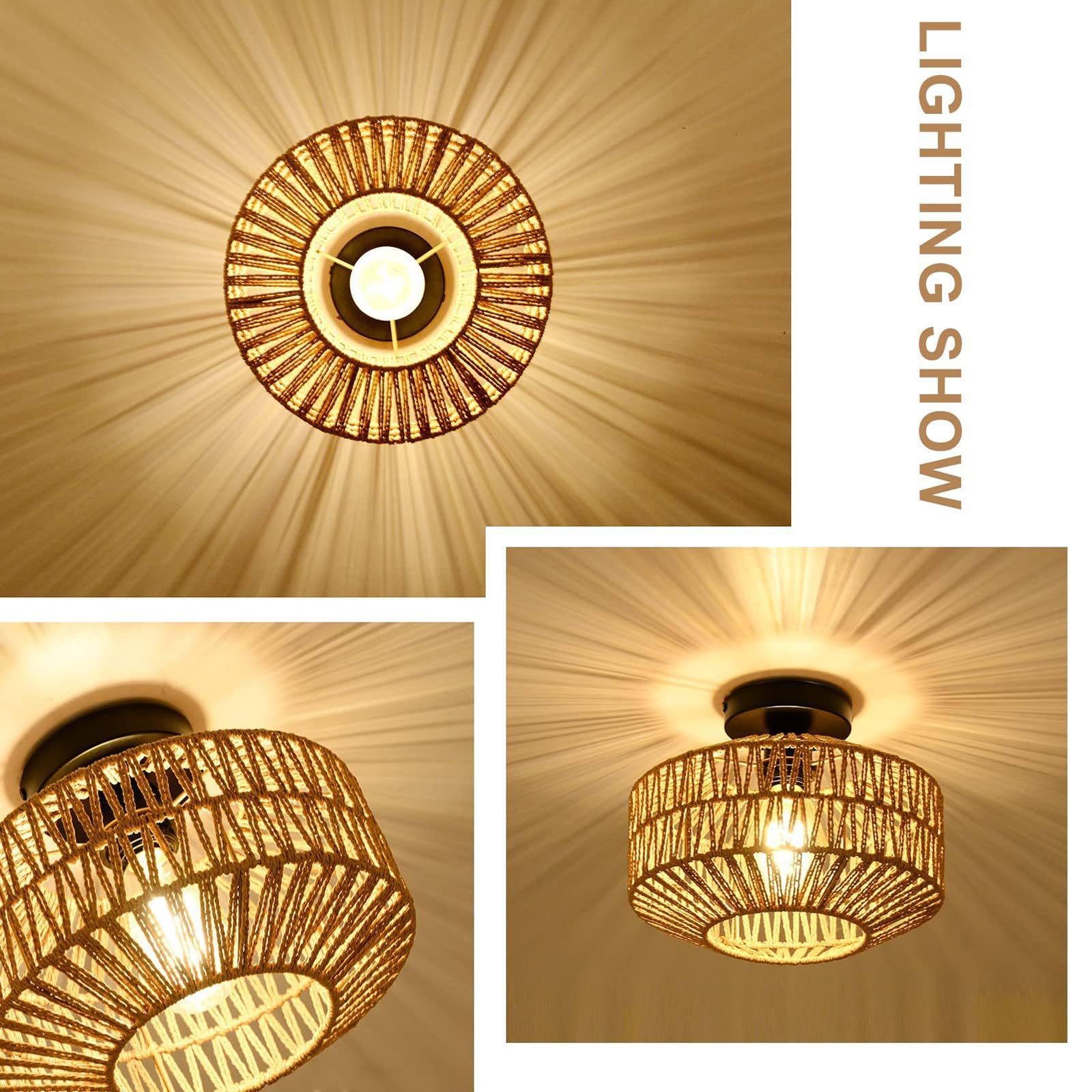 Luces De Techo Tejidas A Mano Boho Rattan Natural E27 Lámpara De Techo