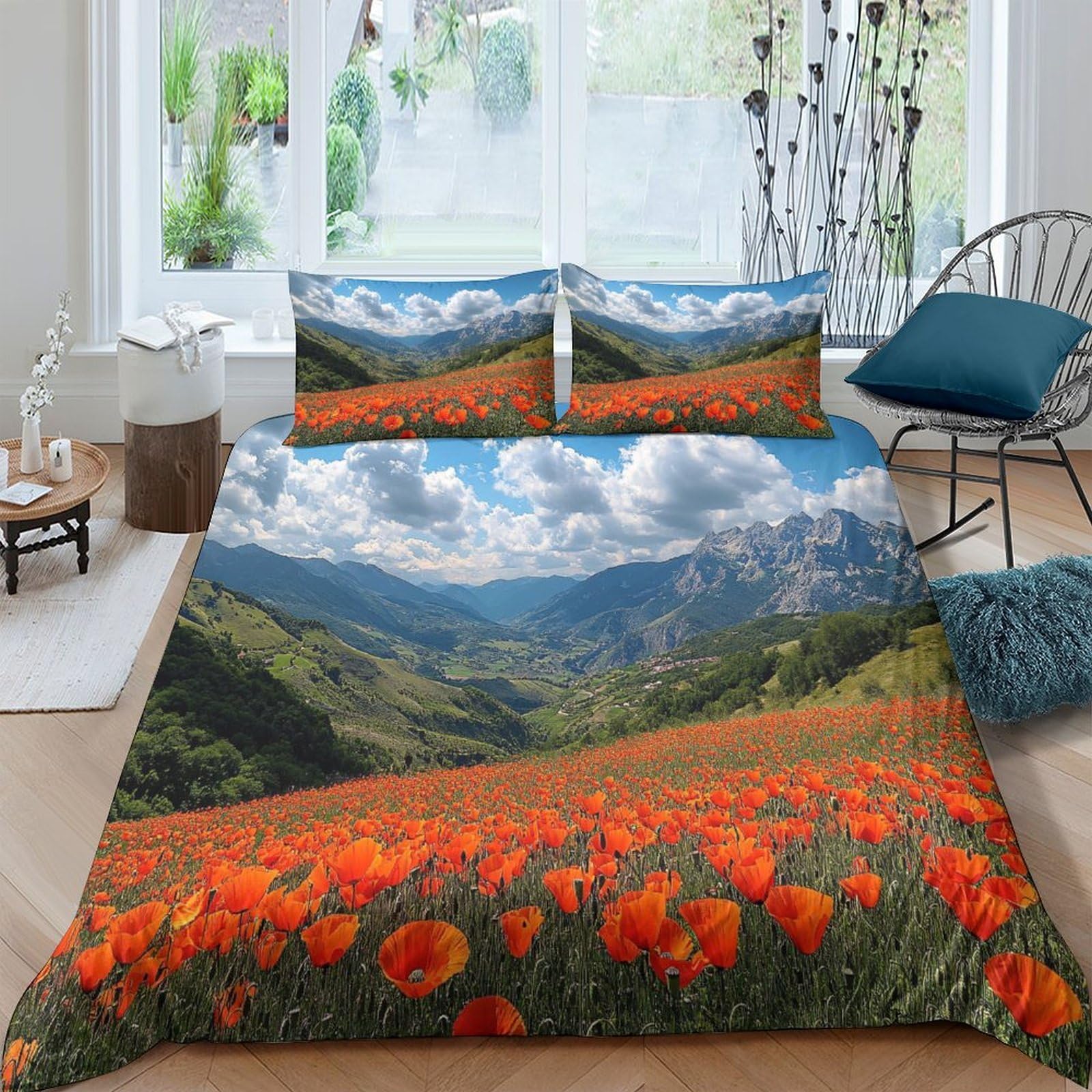 GPLZQXKJNH 3D Printed Mountain Meadow Duvet Cover Microfiber Soft Breathable Poppy Field Bedding Set with 2 Pillowcases for Bedroom Decor Single（135x200cm）