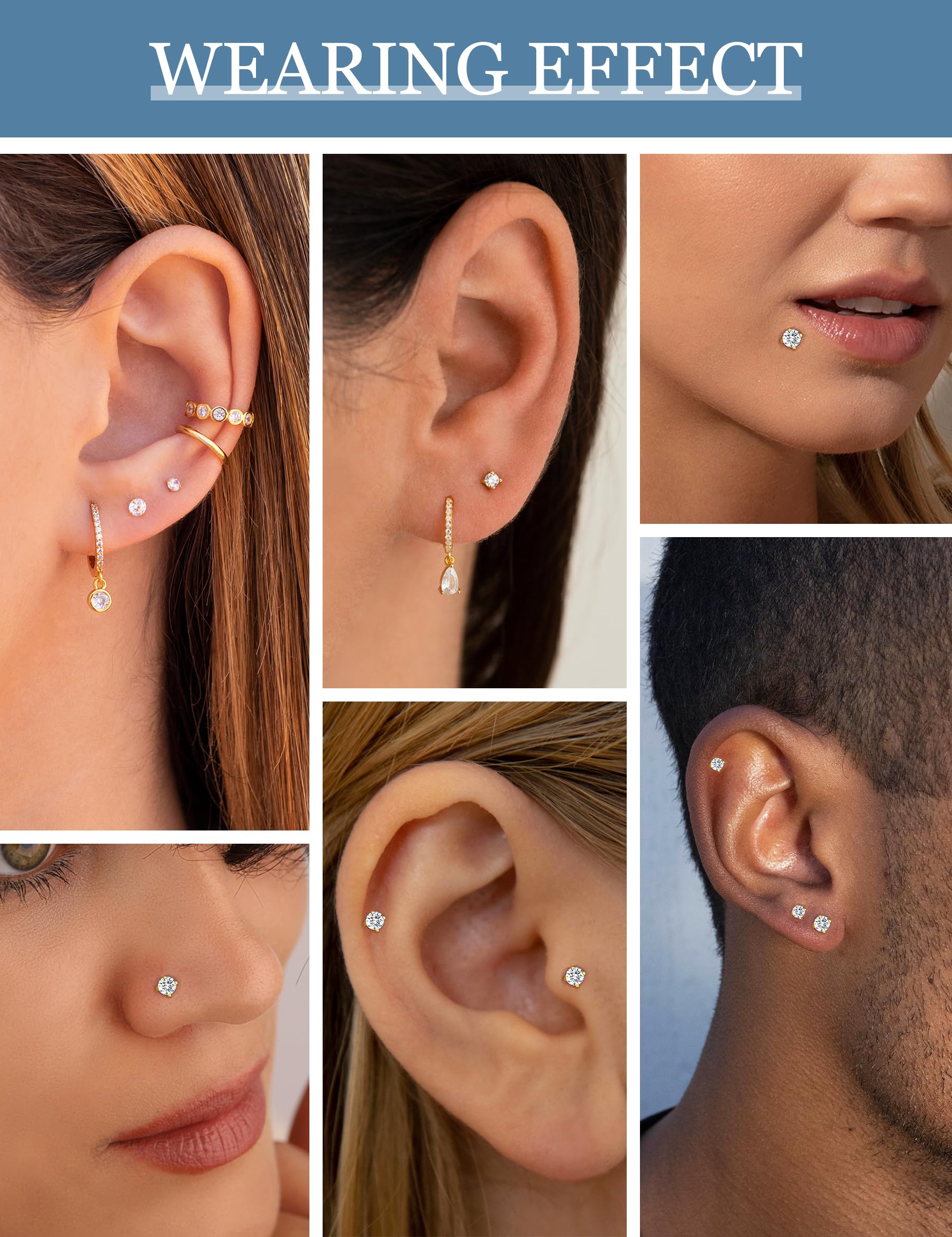 TTDGYYXW 5 Paar Ohrringe mit Flacher Rückseite, goldfarben, fadenlos, Tragus-Knorpel, für Damen und Herren, 925er-Sterlingsilber, 14-karätiges Gold, hypoallergenes Ohrring-Set für mehrere Piercings,