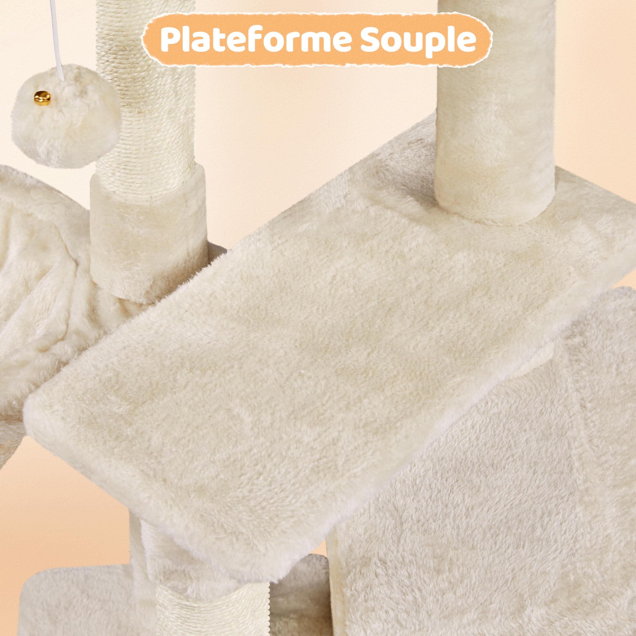 Abician Arbre à Chat Arbre à Grimper Hauteur 96cm Tour de Jeu avec Poteaux Griffoir Cordes Sisal Cachette Panier Niche Beige