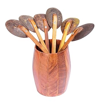 looms & weaves - Eco-Friendly Handmade Coconut Shell Small Spoon (Pack of 6) - Made with Coconut Shell & Coconut Wood