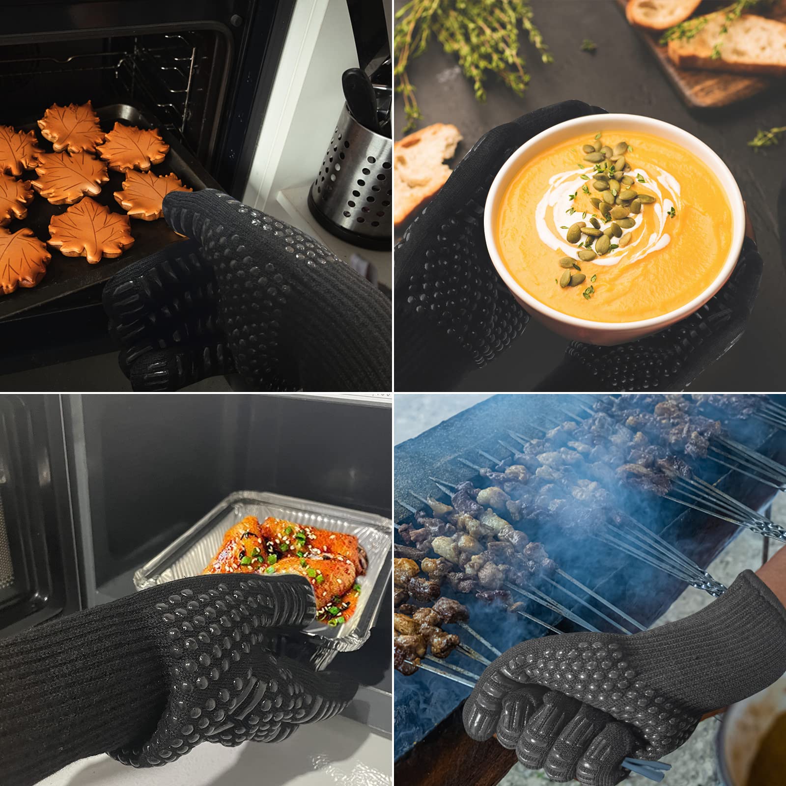 Newpop guanti barbecue Resistenza al Calore Fino a 800°C, professionali lunghi guanti ignifughi, Guanti da forno in Silicone Antiscivolo, Accessori BBQ, per Griglia, Camino, Cottura al Forno, Cucina