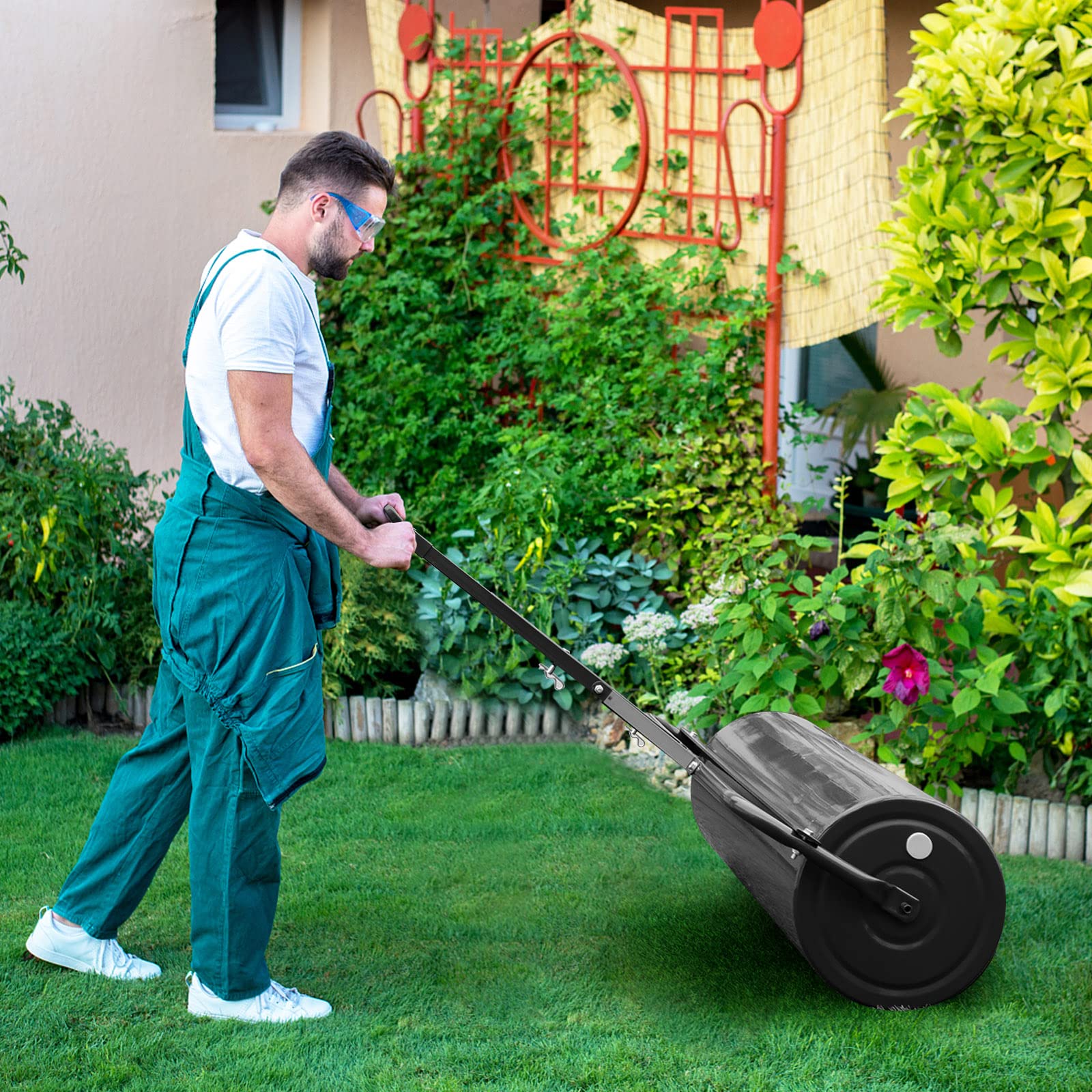 RELAX4LIFE Rouleau à Gazon en Fer avec Réservoire pour Jardin, Volume de Remplissage de Sable ou l’Eau : 113 L, φ40cm, Largeur 99 CM, Hauteur : 146 CM (113L-Noir)