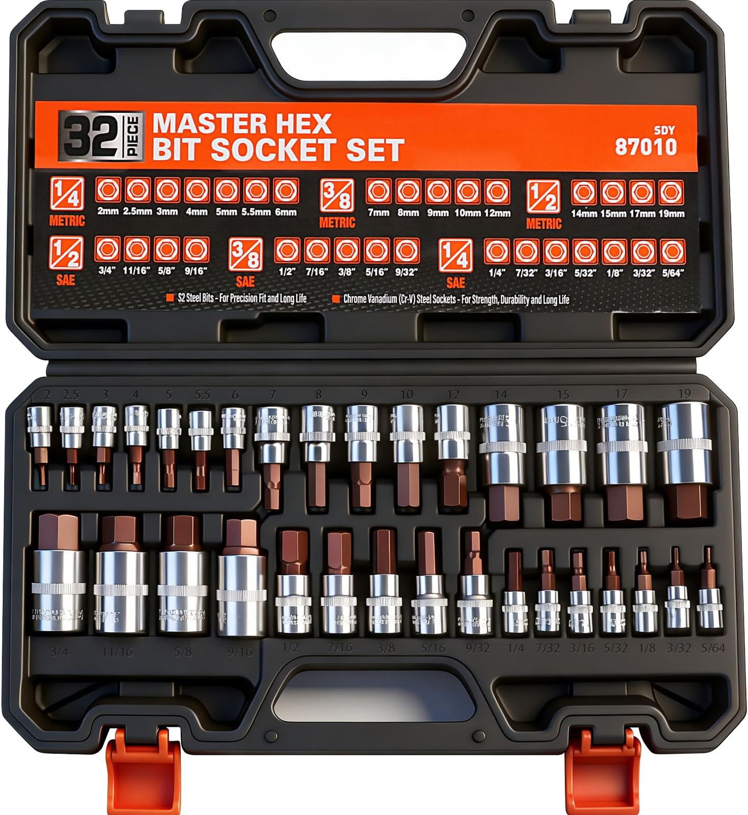High Torque Master Hex Bit Socket Set, 32-Piece SAE & Metric Allen Socket Set, Premium S2 Alloy Steel, Durable Storage Case, 1/4", 3/8", 1/2" Drive, for Automotive & Mechanical Work