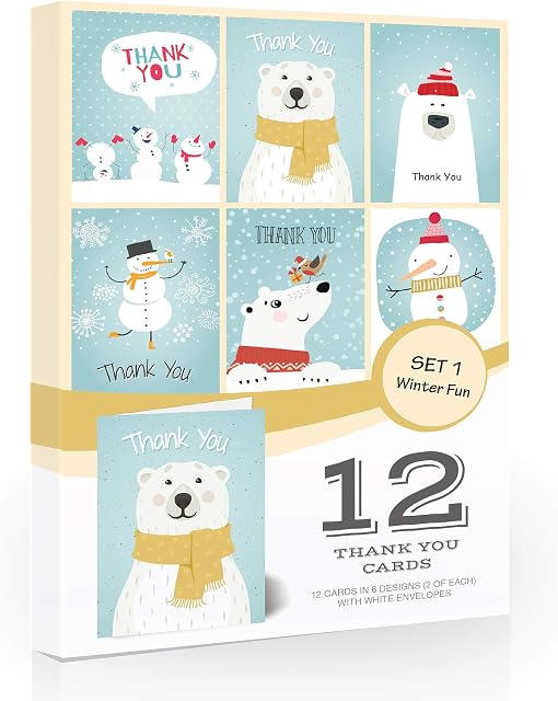 Olivia Samuel 12 x Christmas Thank You Cards Folding Style MultiPack - Winter Fun Set with Envelopes