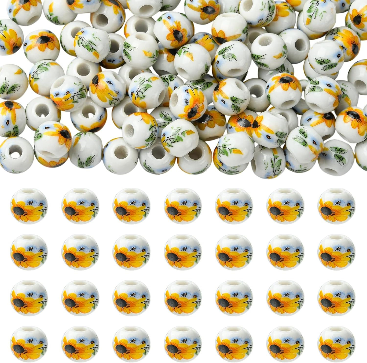 100Pcs 8mm Sunflower Ceramic Beads for Jewelry Making Round Flower Porcelain Beads Handmade Bright Glazed Floral Bead for DIY Bracelets Necklaces Earrings Crafts