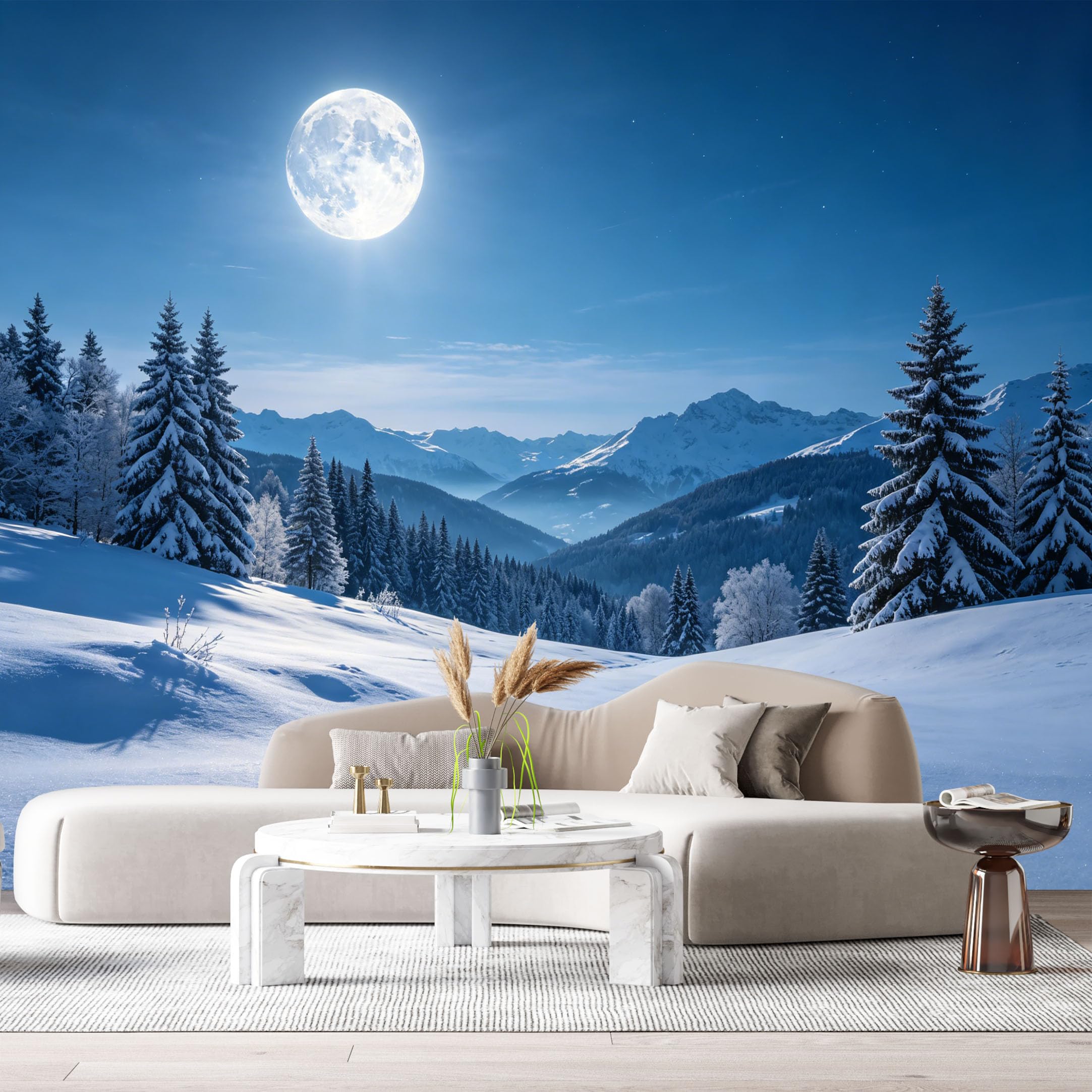 Custom Size Wall Murals Full Moon Winter Landscape Snowy Mountains Pine Forest Night Sky SelfAdhesive Wall Fabric Removable Large Wallpaper for Photo Living Room