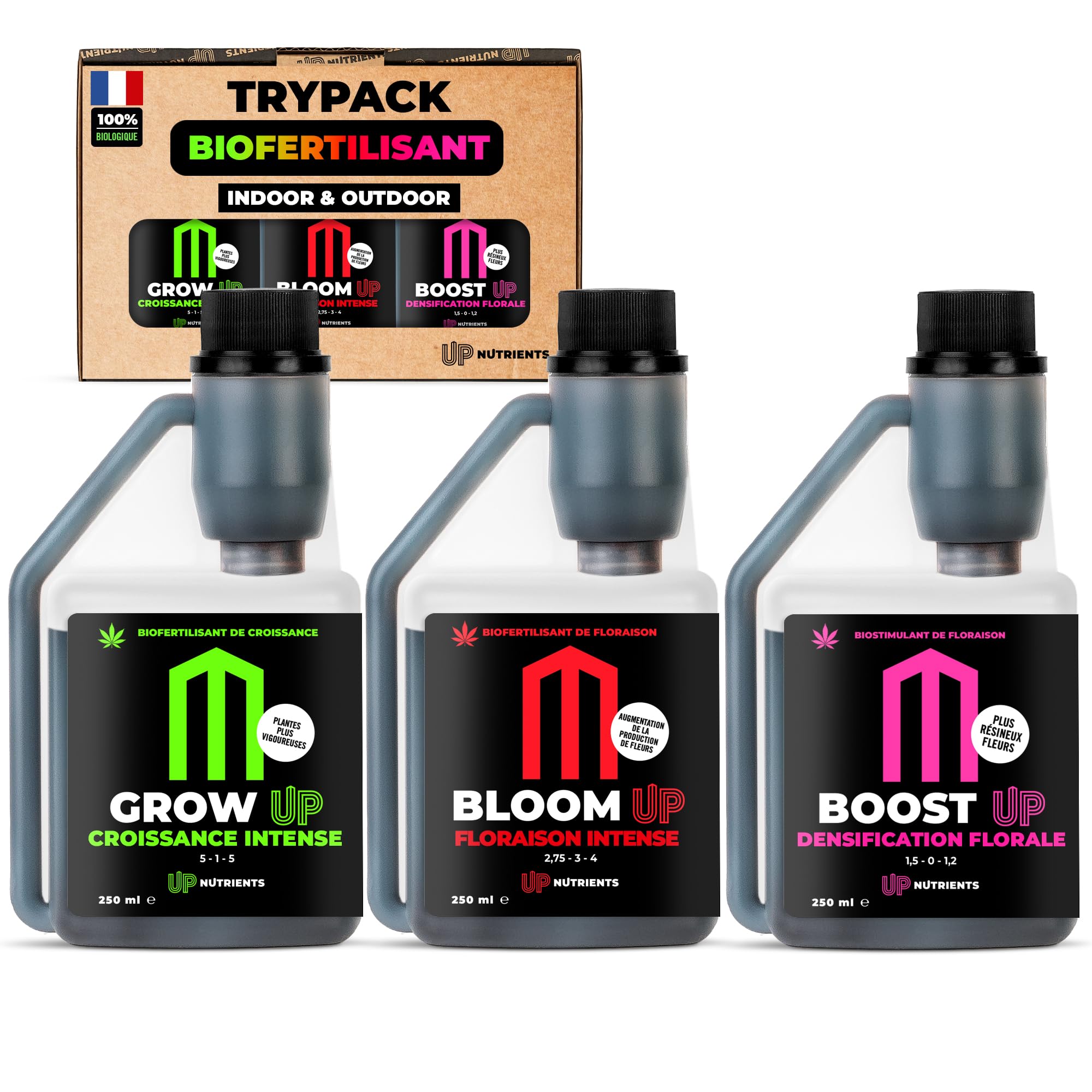 UP NUTRIENTS Trypack Engrais Grow, Bloom & Boost 250 ml | Engrais 100% biologique pour culture en intérieur & extérieur | Enracinement, Croissance et Floraison | Stimulant fleurs et plantes (250 ML)
