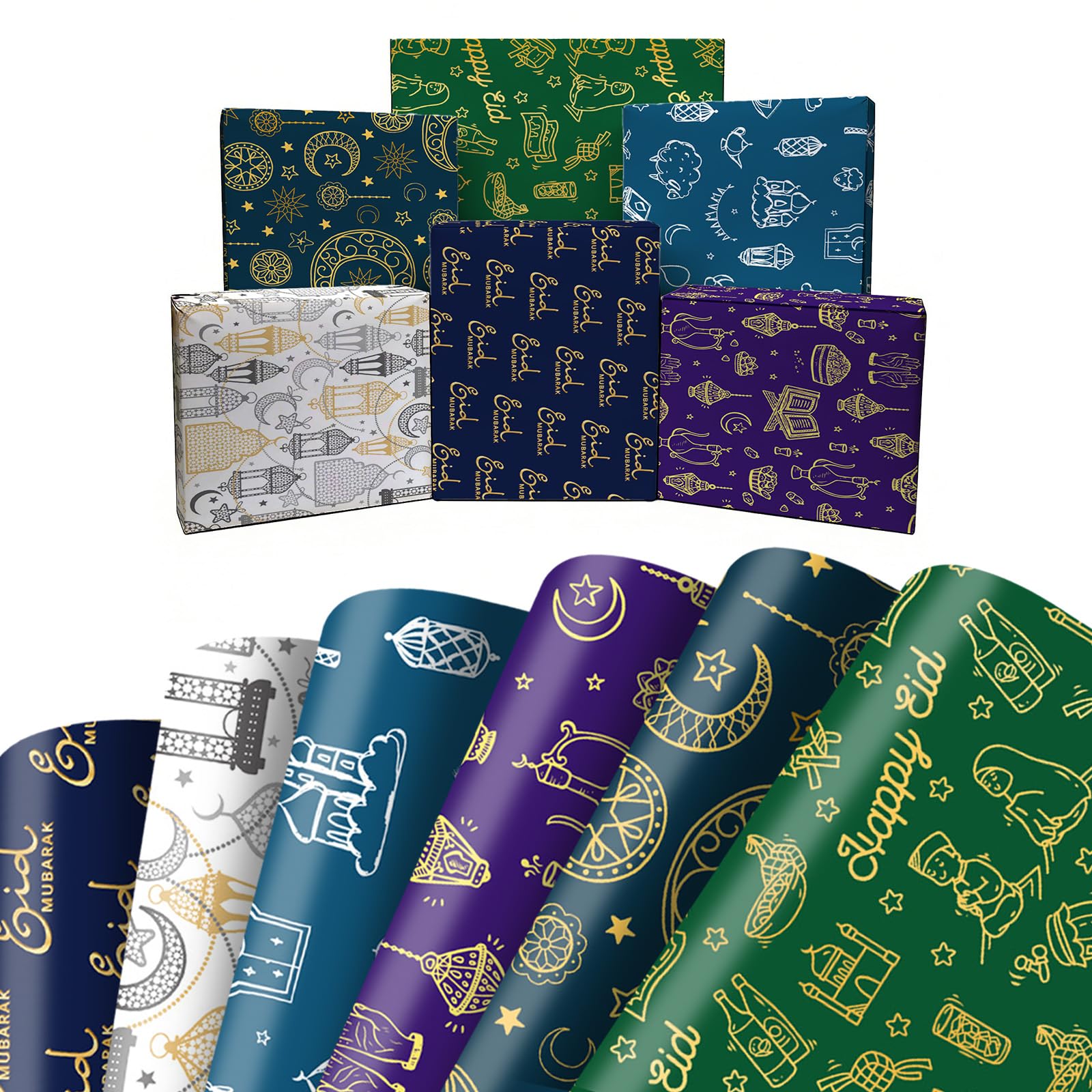 Eid Wrapping Paper 6pcs, Gift Wrap With Mosque Moon Star Patterns,Diy Crafts Eid Mubarak Wrapping Paper Folded Sheets For Islam Holiday Eid Decorations Ramadan Muslim Party 70 * 50cm (White)