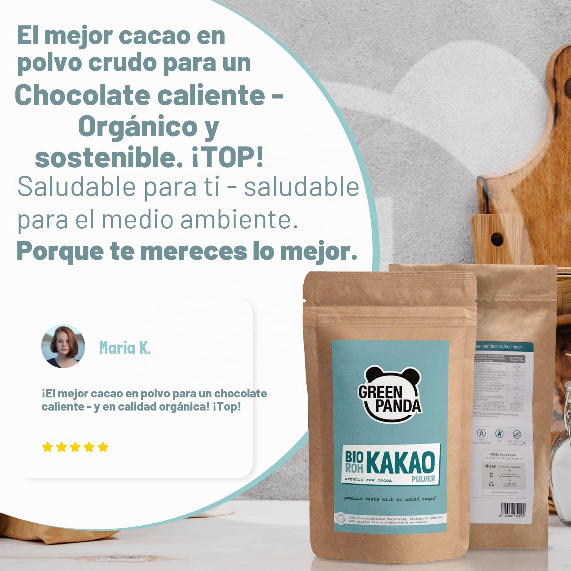 Cacao puro en polvo orgánico de los mejores granos de cacao, cacao en polvo sin azúcar y sin grasa, probado y certificado en laboratorio, Green Panda (1kg (Paquete de 1))