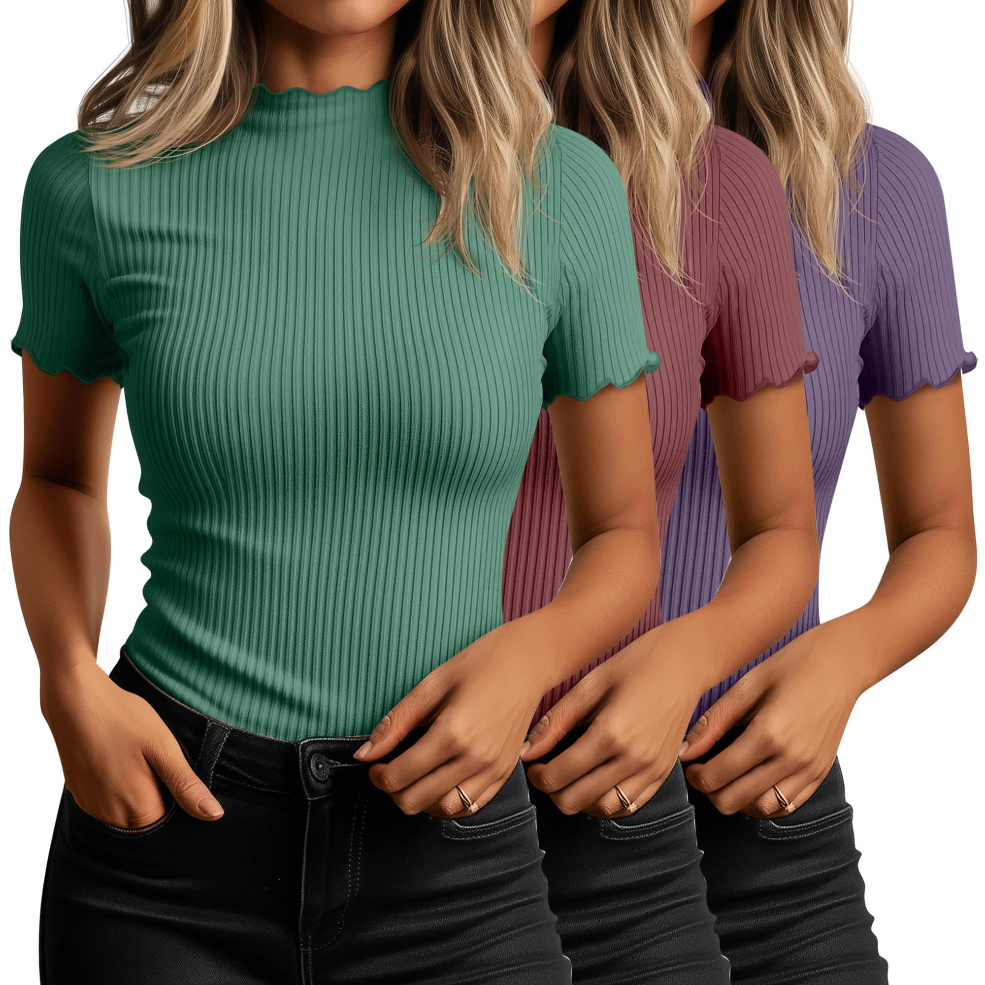 Huukeay 3 Pack Women's Mock Turtleneck Tops Short Sleeve Shirts