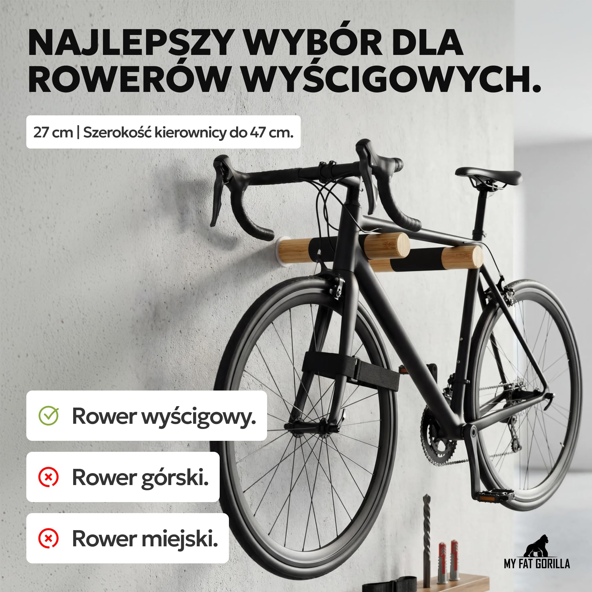 Wieszak Rowerowy z Półką na Kask - Uchwyt Ścienny na Rower Bambus | BAM BOO BOX Uchwyt Ścienny na Rower z Półką na Kask – Miękka Ochrona Ramy Przed Zarysowaniami, udźwig do 15 kg