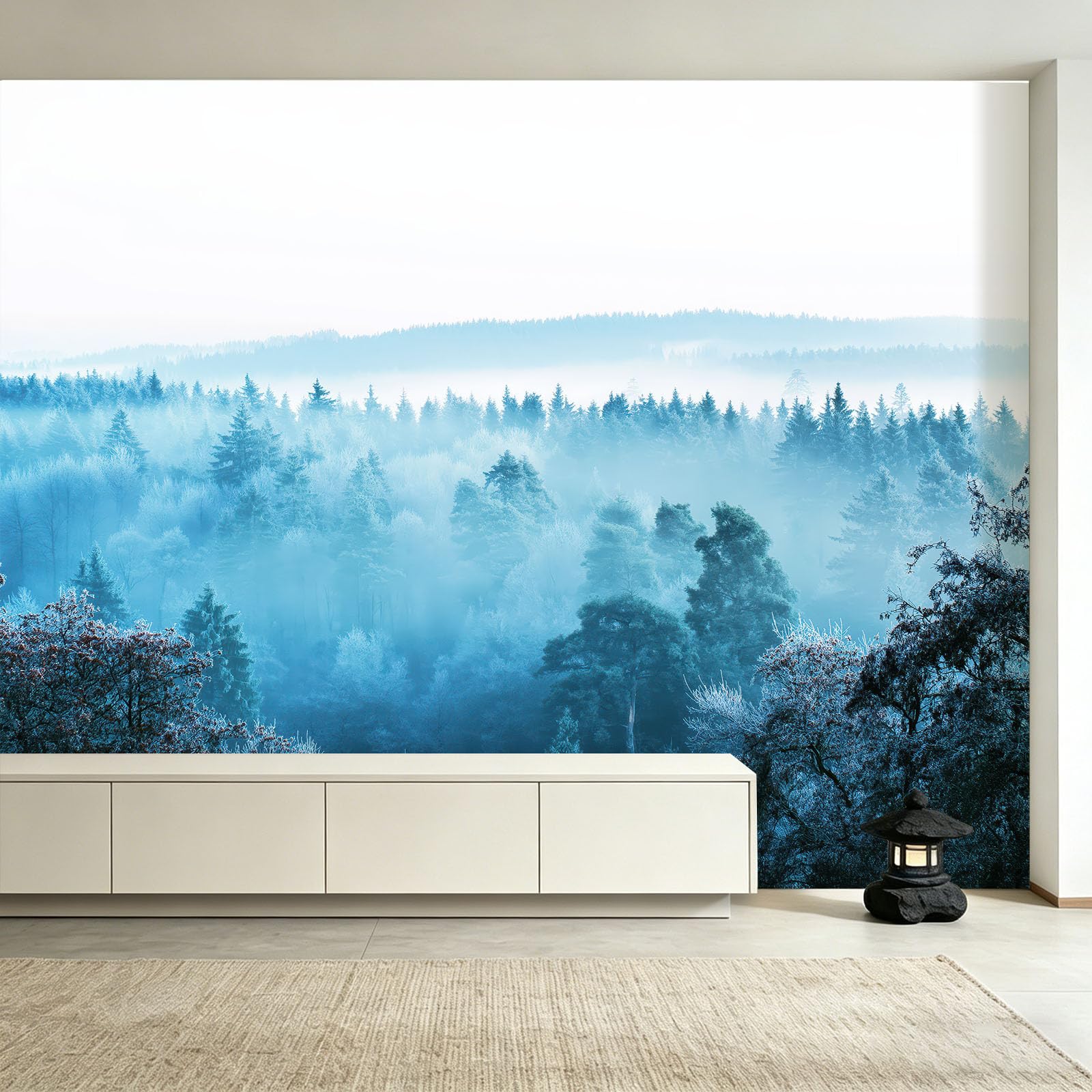 Générique Panoramiczna tapeta las sosny mgła horyzont 300 x 210 cm (szer. x wys.) plakat ścienny 3D, dekoracja ścienna premium, fotograficzny zimny odcień projekt do salonu, sypialni i pokoju