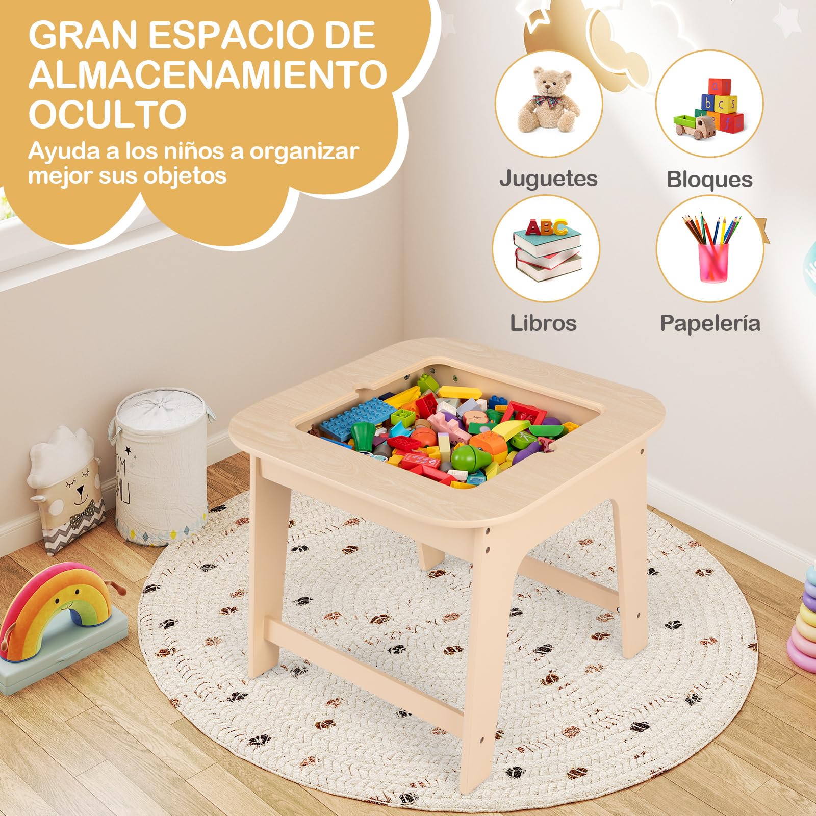 COSTWAY Juego de Mesa y Sillas para Niños, Juego de Mesa de Actividades Infantil con Almacenamiento Oculto, 2 Sillas Ergonómicas, Set de Muebles para Arte, Manualidades (Natural)