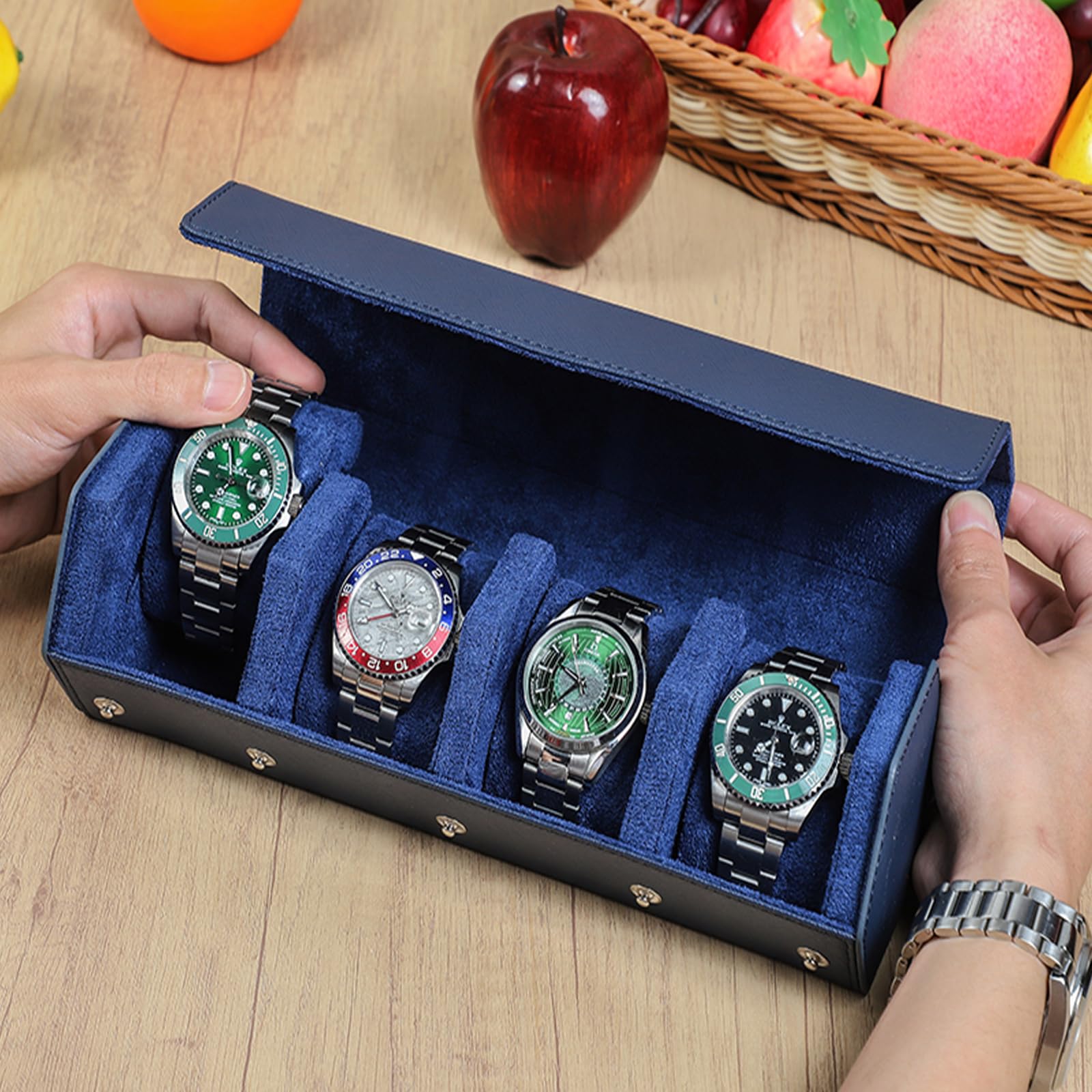 Hiram Boîte à montres Hexagon Cuir véritable Saffiano pour 4 montres, Boîte à montres en cuir avec 4 emplacements pour montres - Organisateur de rangement et présentoir pour hommes (Bleu)