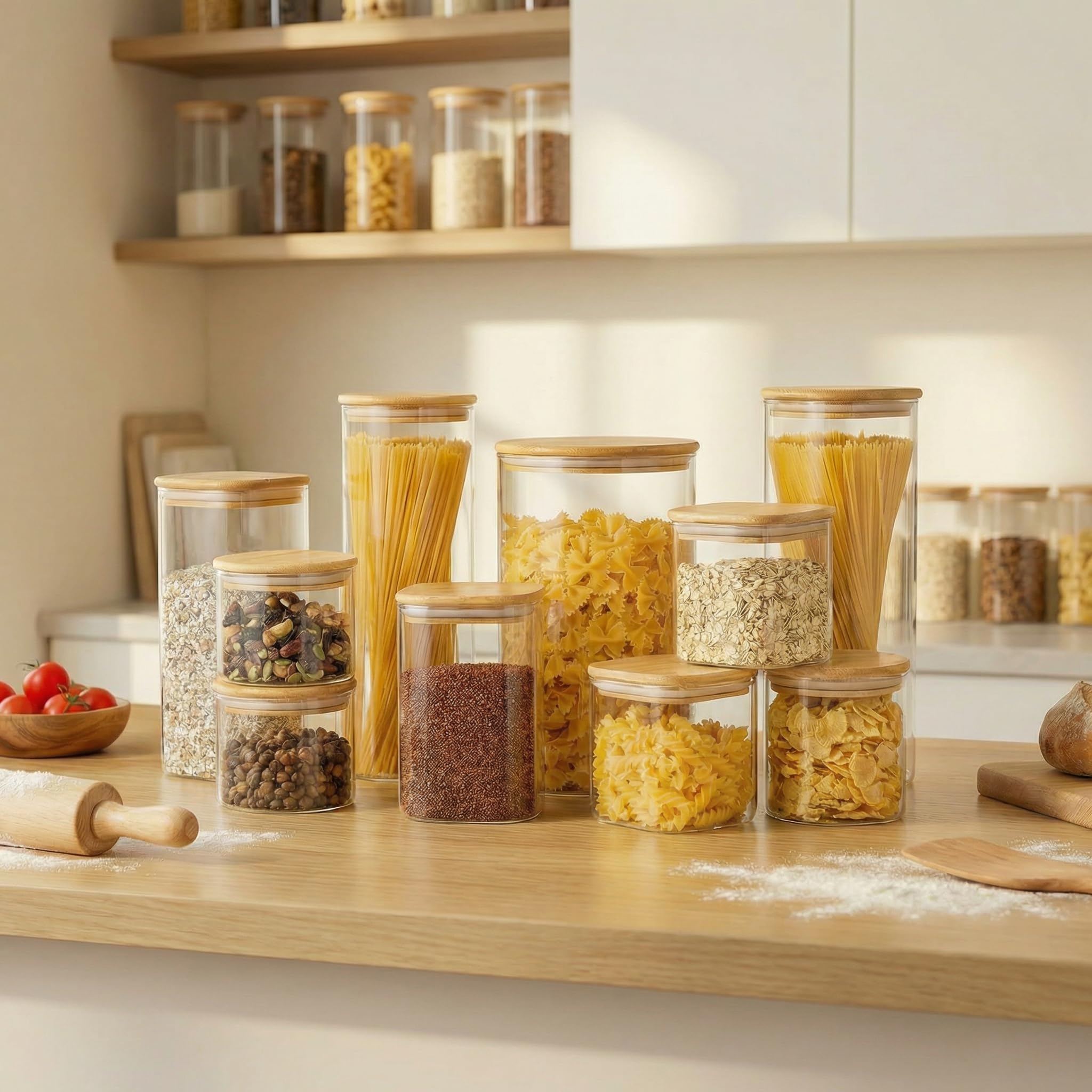 HomArtist Barattoli quadrati in vetro con coperchi in bambù, 1,2 l x 2 e 765,4 g x 2 contenitori in vetro con coperchio, contenitori in vetro con coperchio ermetico, contenitori per alimenti in vetro