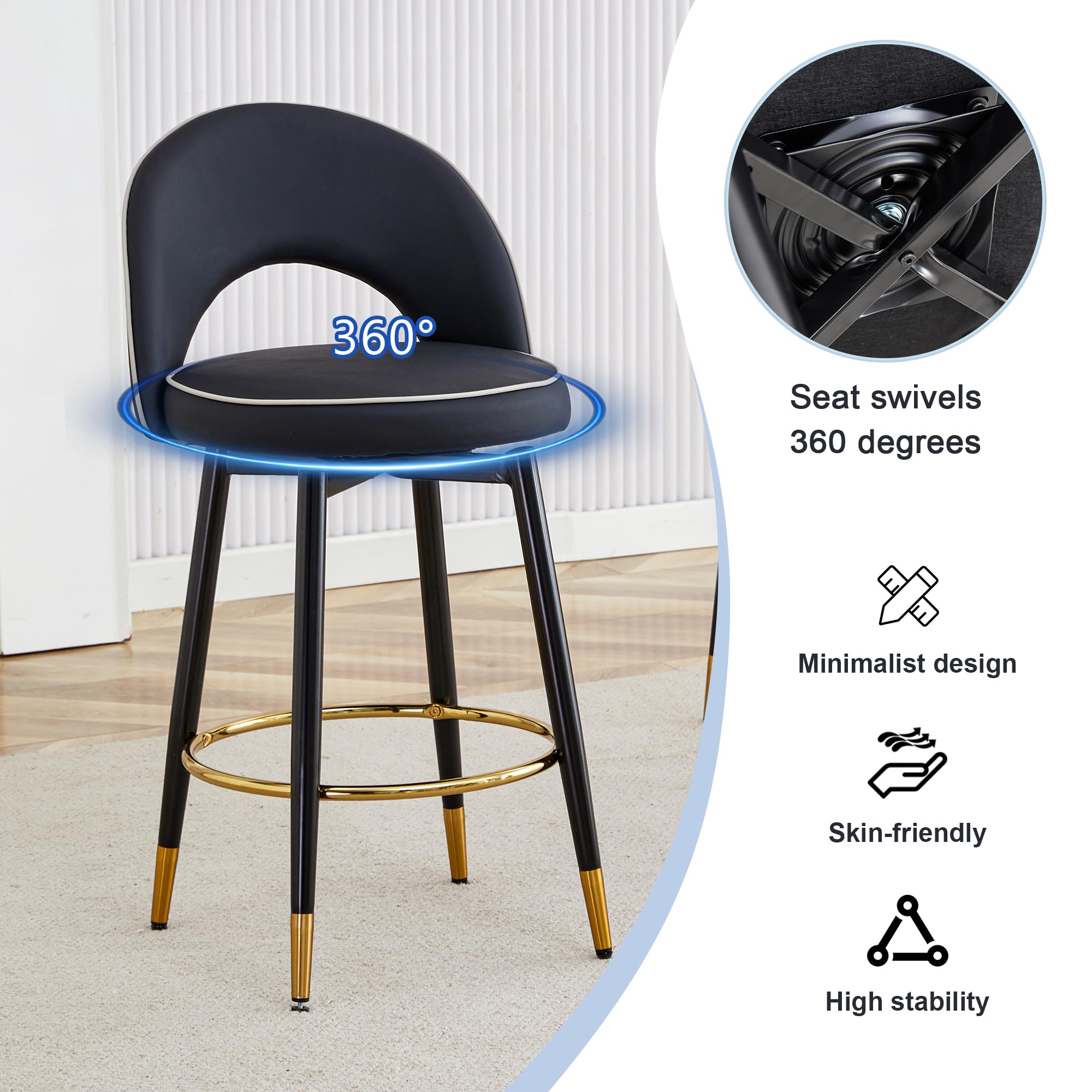 Bar Stools for Dining Room, 2PCS Counter Stools with Smooth and Beautiful Metal Legs 360 ° Rotatable PU Comfortable Upholstered Swivel Bar Stools for Guest Office Chair (Black + PU + Bar Stools)