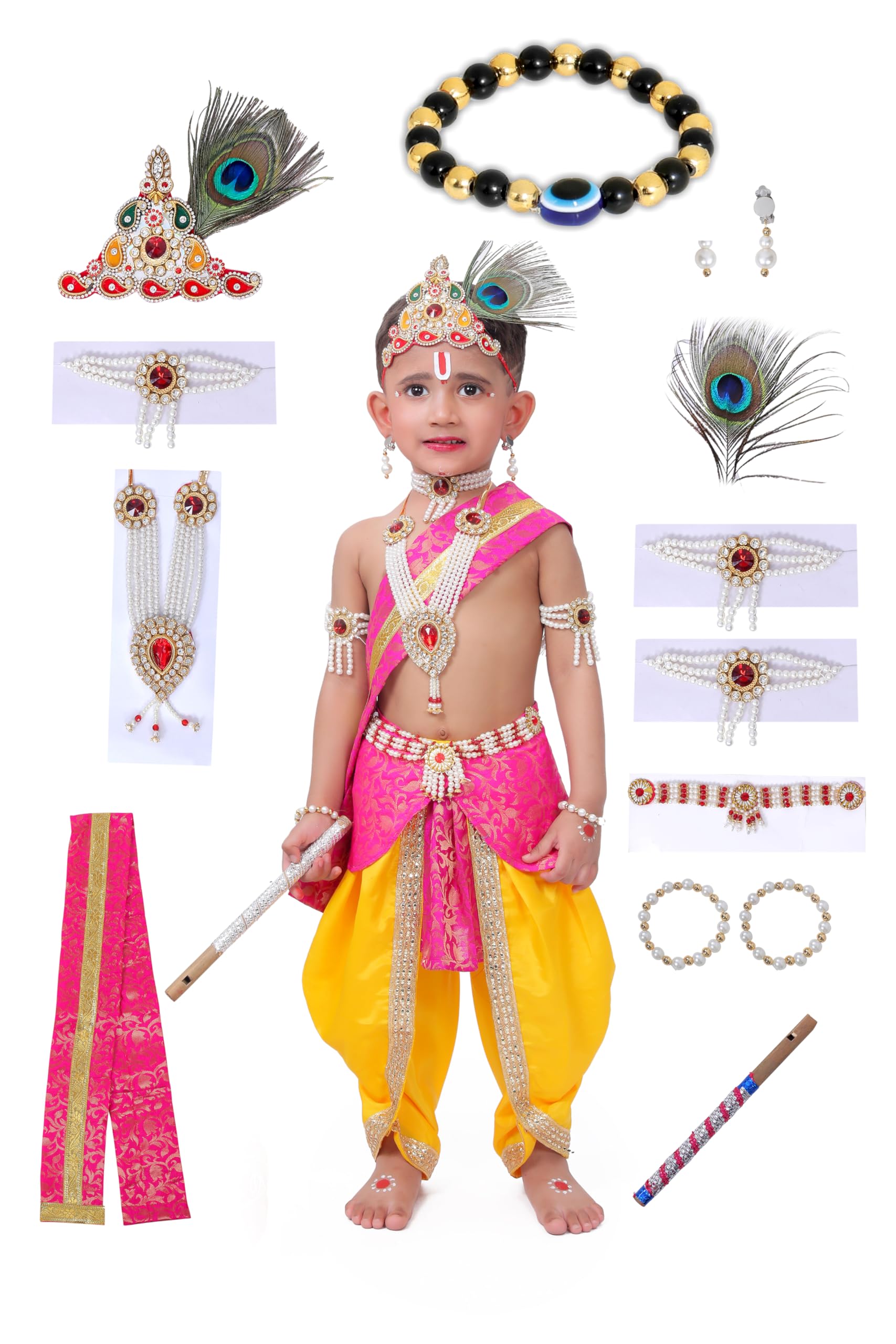 Raj Fancy Dresses Krishna Dress for Kids, Baby Krishna Dress for Janmashtami with Krishna Mukut, Peacock Feather & Flute Embroidered Krishna Costume for Girl & Boy, 3 Months-8 Years