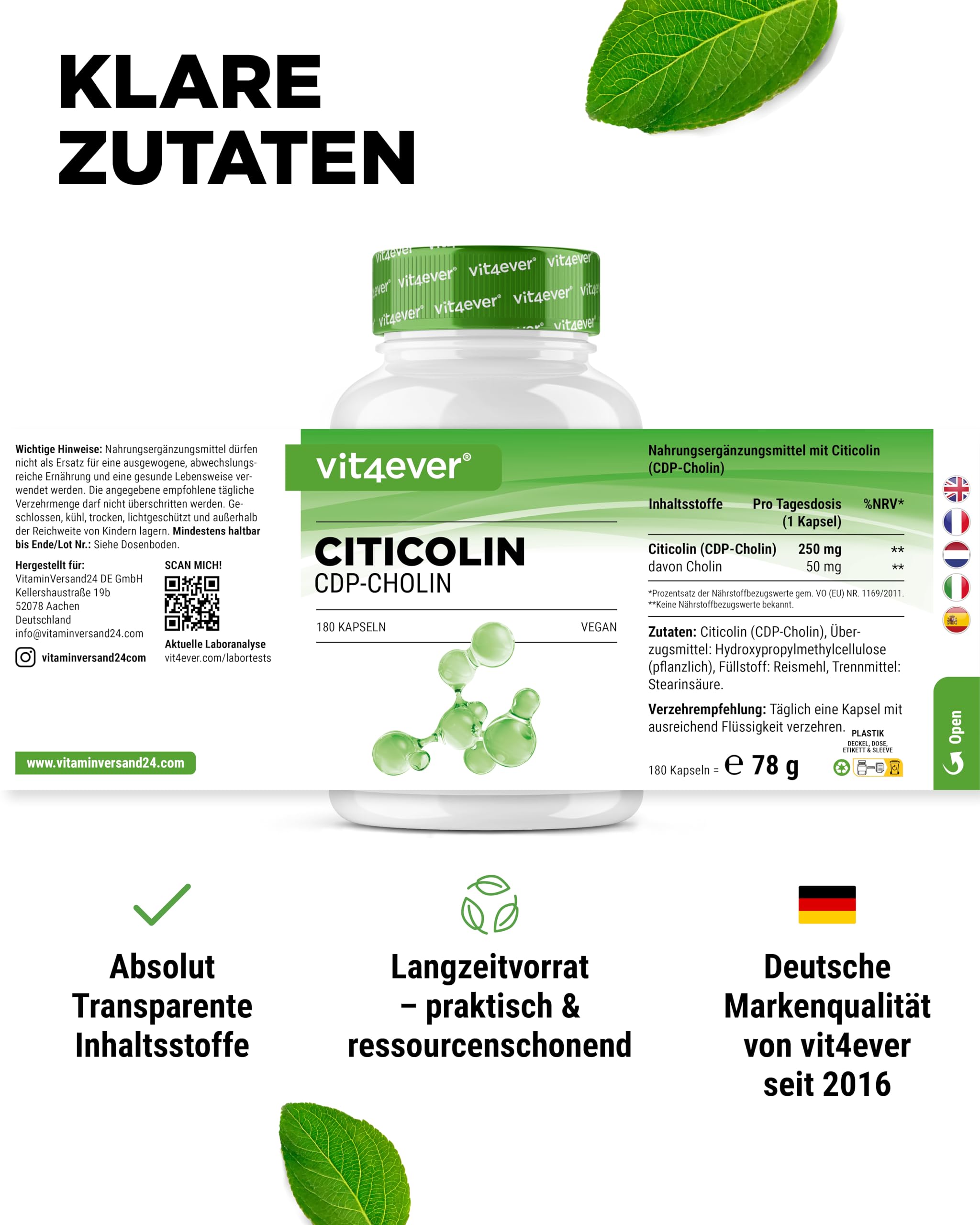 vit4ever CDP Cholin (Citicolin) 250 mg - 180 Kapseln - hochdosiert & bioaktive Cholinform - vegan, ohne unnötige Zusätze