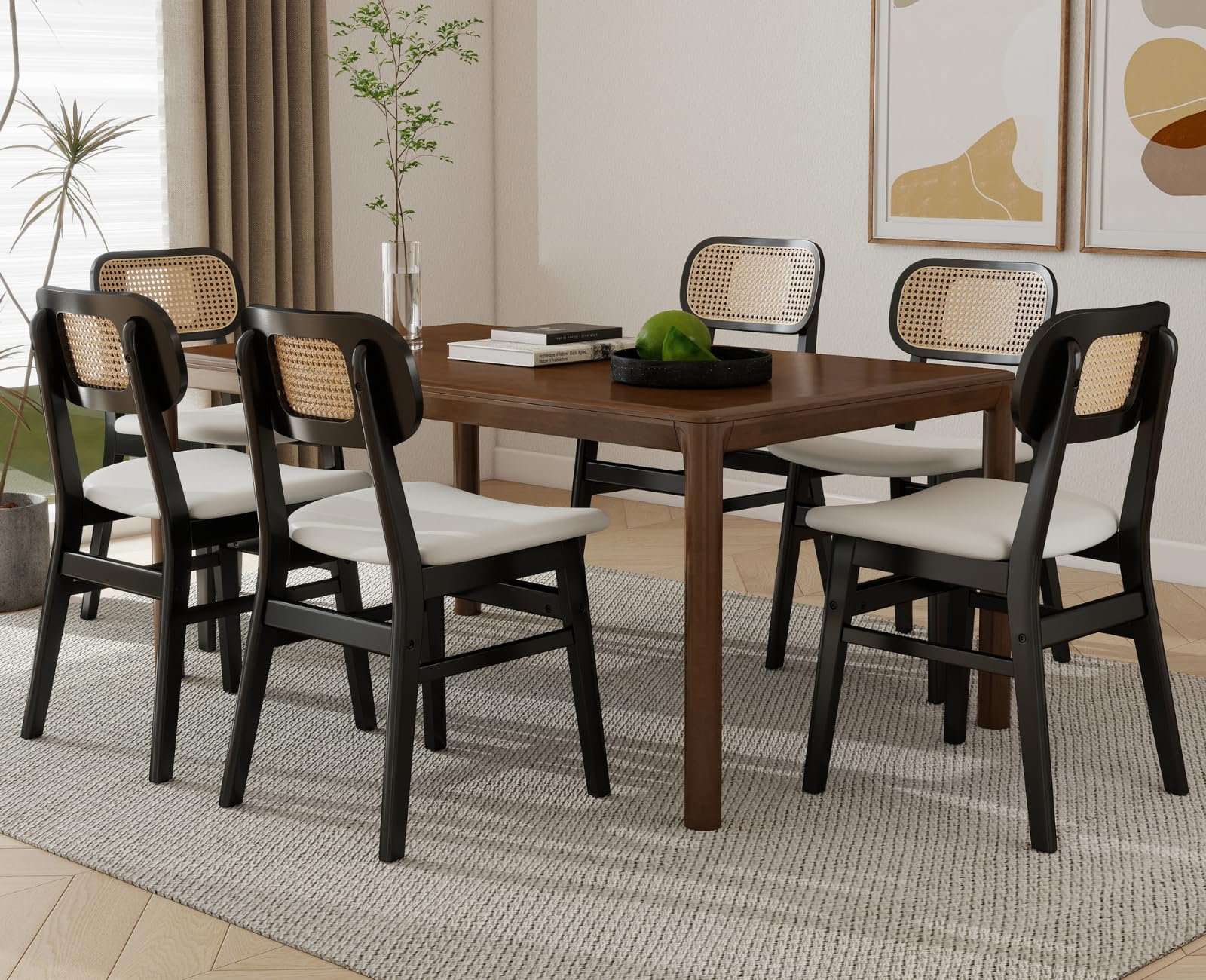 Shunzhi Rattan Dining Chairs Set of 6 White PULeather Dining Room Chairs with Cane Back Mid Century Modern Farmhouse Kitchen Chairs Wooden Upholstered