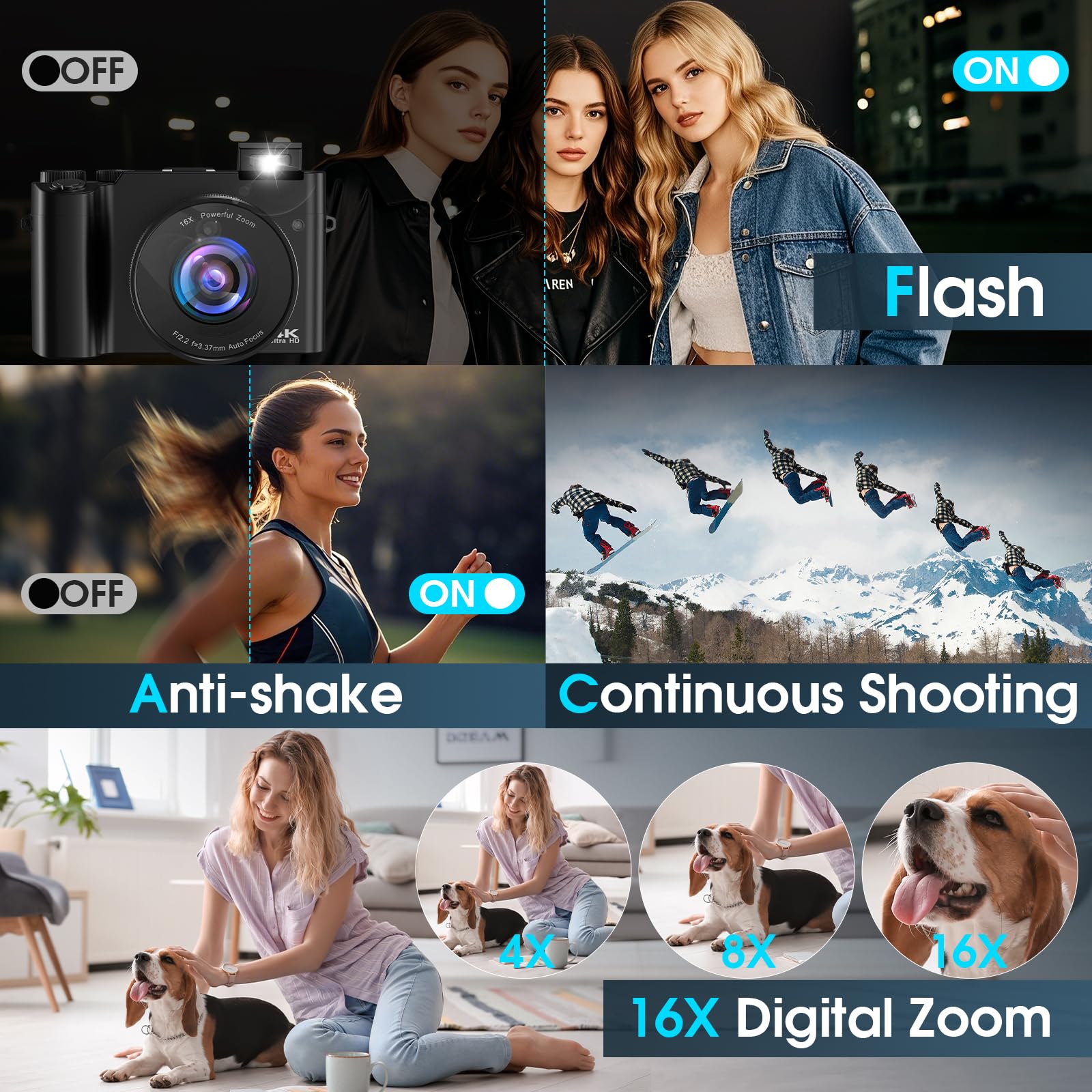 Fotocamera e digitale Bofypoo 64 MP autofocus Vlogging con doppia telecamera 4K, zoom digitale 16X, scheda memoria 32G