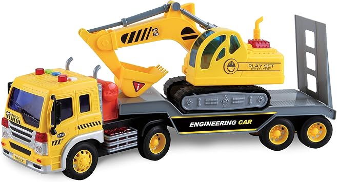 Maxx Action 17 Vehicle Transport with Excavator Bright Lights and Construction Sounds | Friction Powered Trailer | 3 Piece Toy Playset for Kids | Yellow Construction Truck for Kids