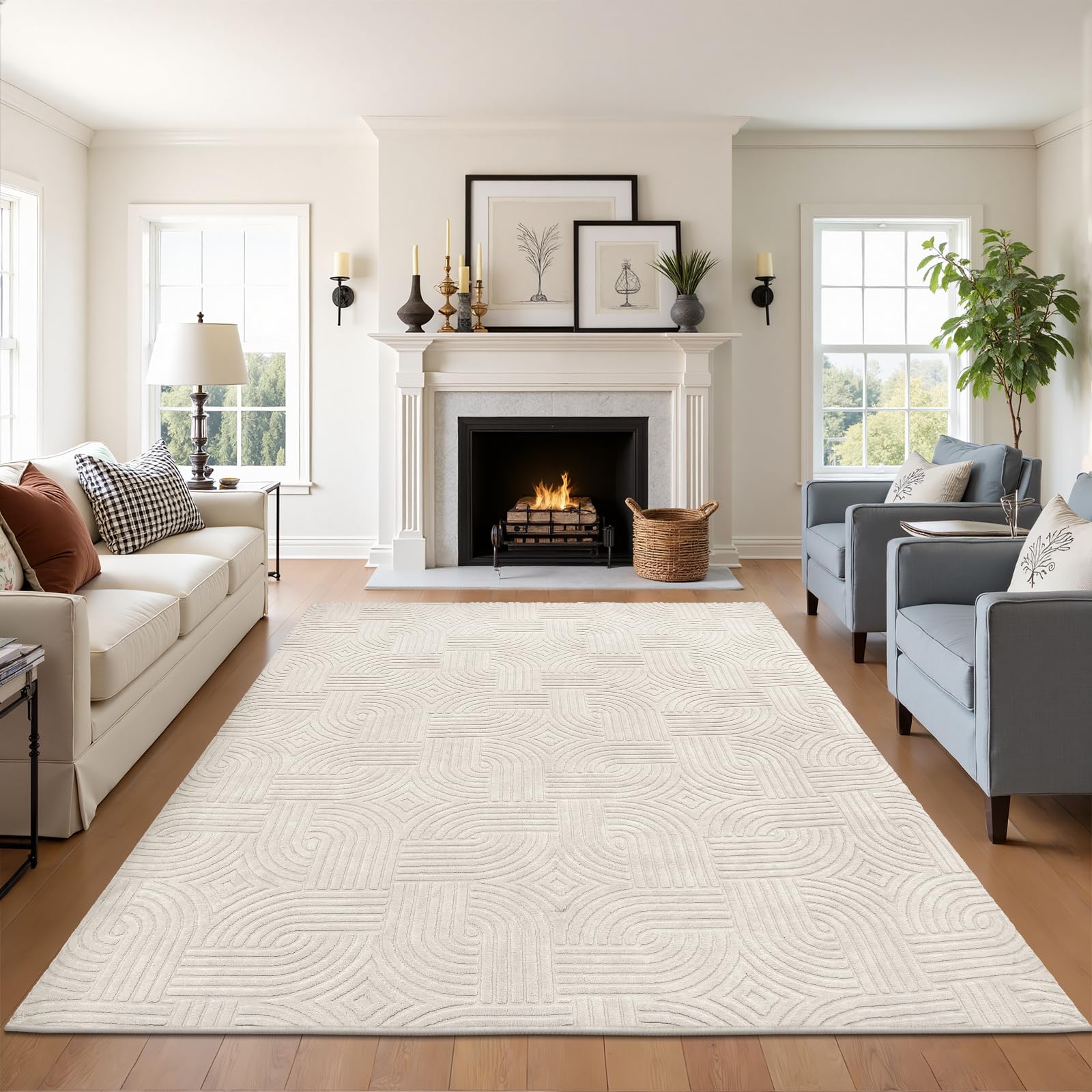 Enyhom Rugs Living Room 160 x 230 cm, Beige Fluffy Area Rugs for Bedroom Washable Anti Slip Modern Floor Carpets Mat Non Shedding Thick Pile Beside Rugs for Dining Room Kitchen Office