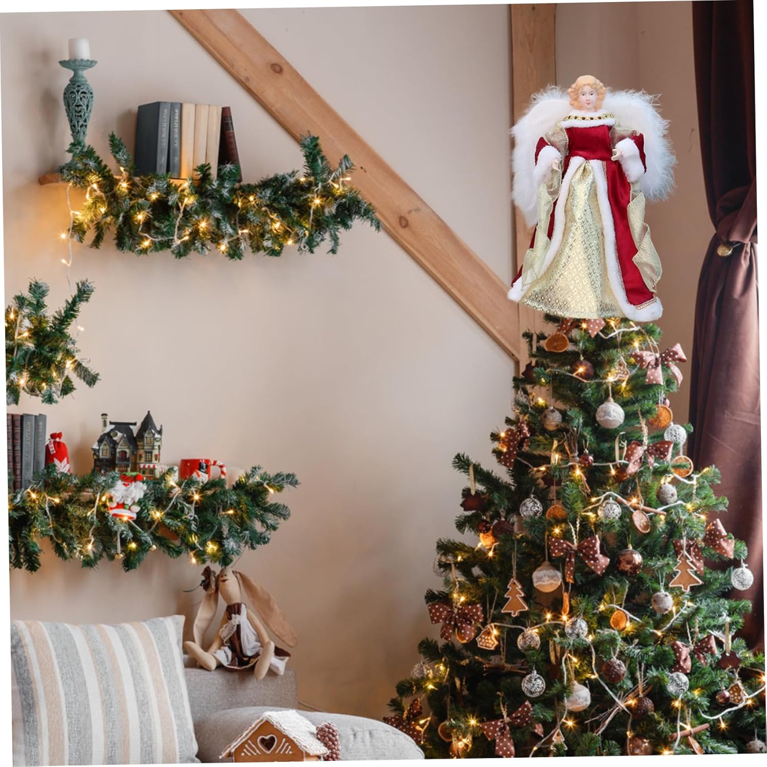 Angel Christmas Tree Topper 11.8 inch Red and Gold Angel Tree Topper with Feathered Wing for Holiday Home Decor Christmas.