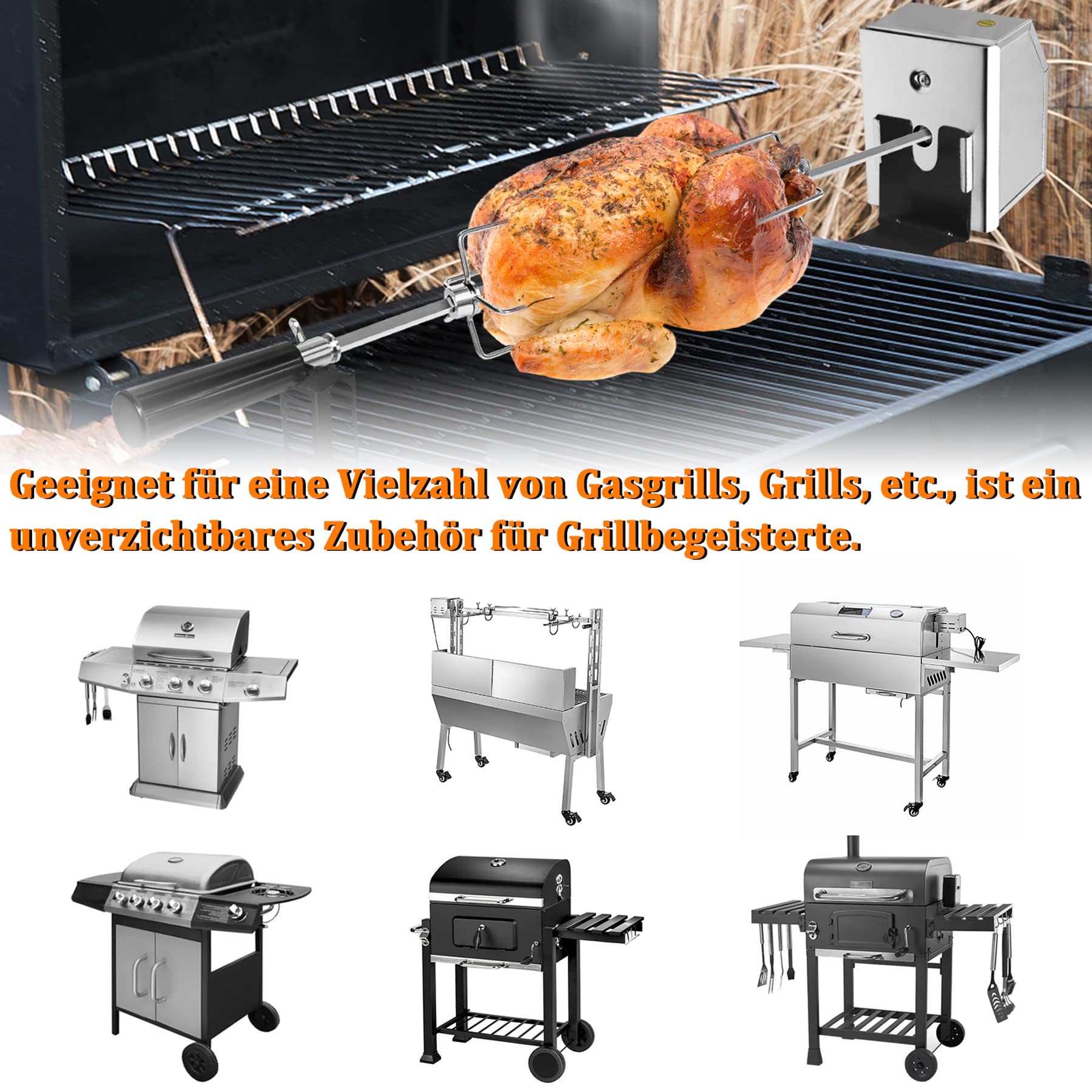 Froadp szpikulec do grilla ze stali nierdzewnej, 117 cm, z silnikiem, 220-240 V, 8 x 8 mm, stal nierdzewna, zestaw 4 igieł do mięsa, obrotowy rożen, akcesoria do grilla gazowego, grilla na węgiel