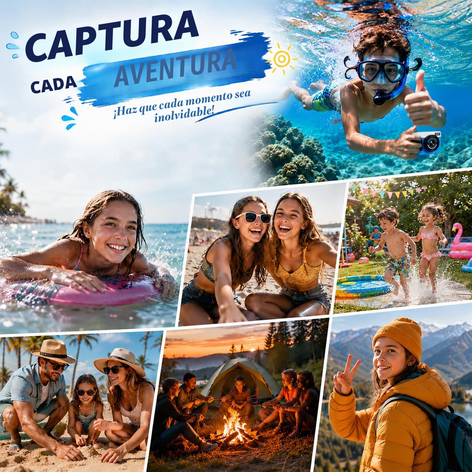 Maxmango D70 Cámara Acuática 4K 48MP, Cámara Impermeable 10FT para Piscina y Playa, Doble Pantalla Autofocus Zoom 18X, Cámara Flotante Regalo para Adolescentes y Principiantes con Tarjeta 16GB, Azul