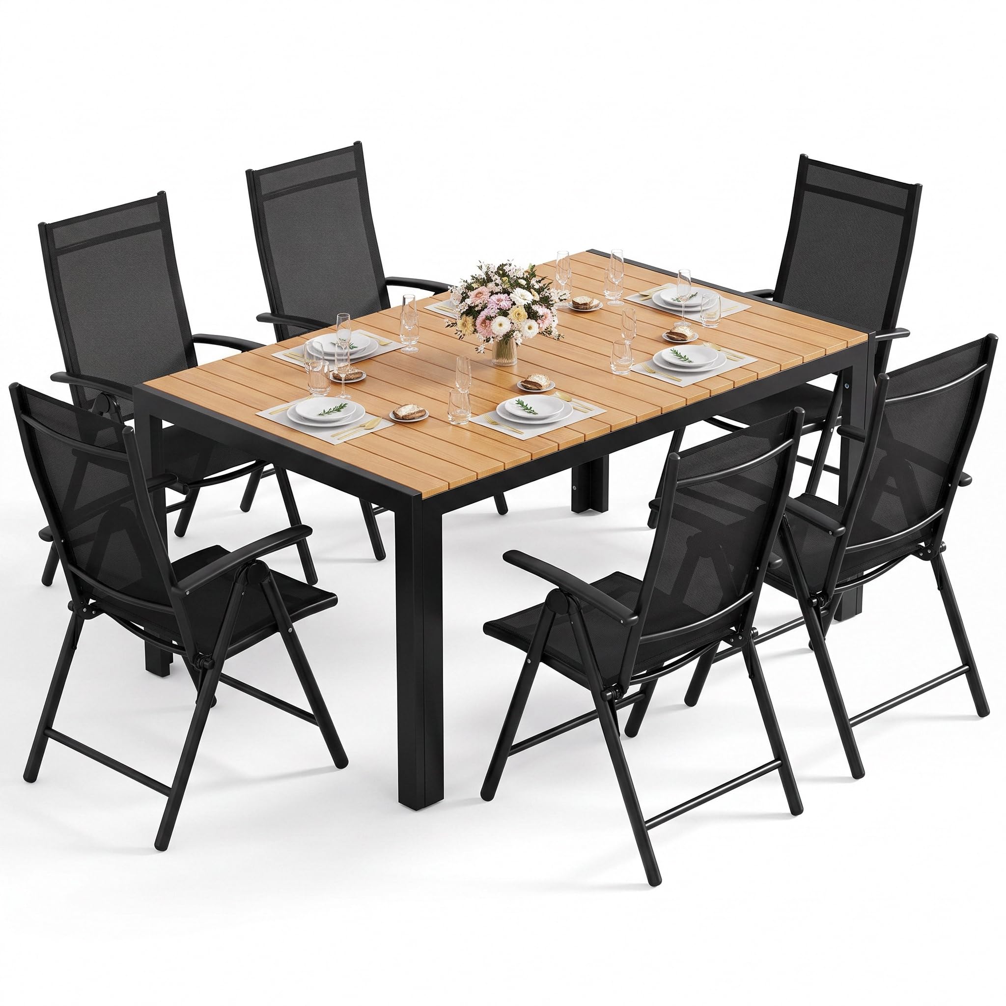 LIFERUN Gartenmöbel Set 6 Stühle mit Tisch Wetterfest, Aluminiumrahmen | WPC Gartentisch 140x90x75 cm, Verstellbare Hochlehner Klappstühle, Stabiler, Pflegeleicht, Outdoor Essgruppe Sitzgruppe
