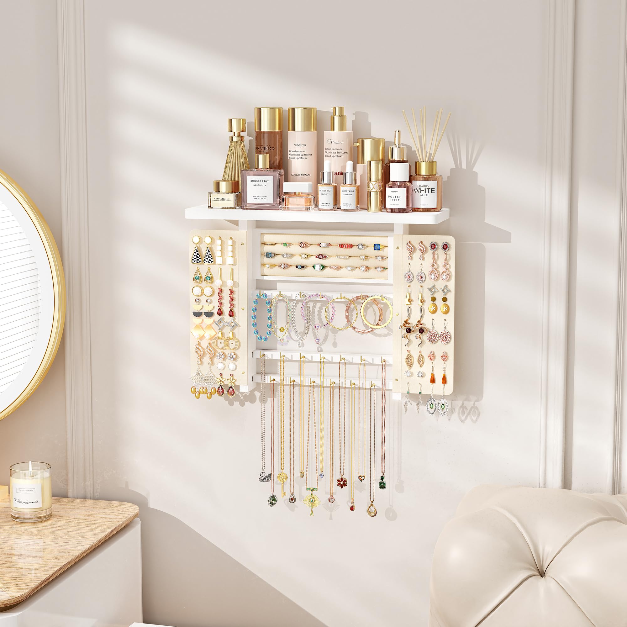 Hängender Schmuck Organizer, Wand Schmuck Organizer mit Holz Regal, Große Kapazität Schmuckständer Aufbewahrung & Display für Halsketten Armband Ohrringe Ring (Weiß)