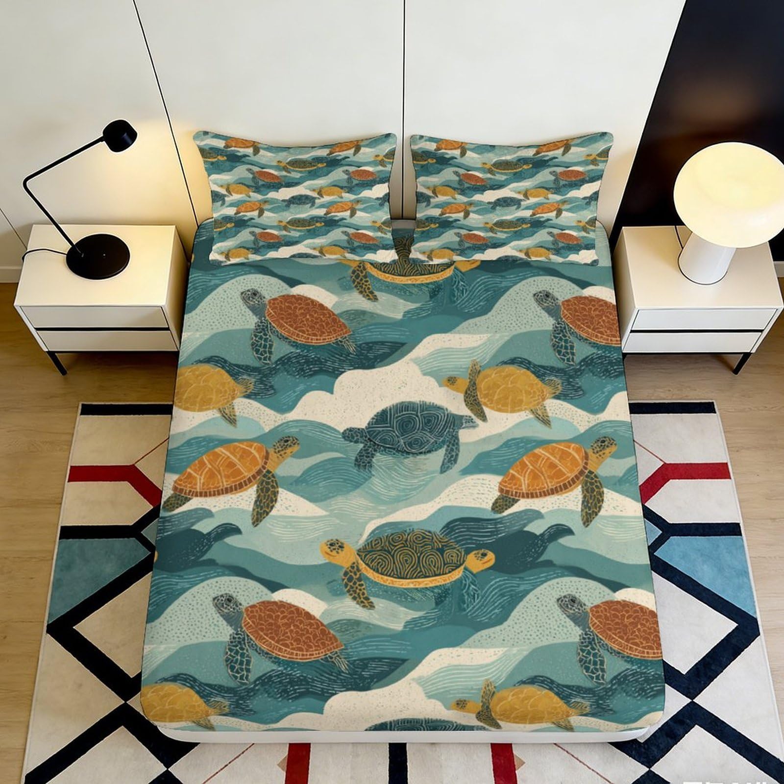 3D Printed Sea Turtle Ocean Fitted Sheet Microfiber Soft Breathable Underwater Mattress Cover for Bedroom Decor 90x200x25cm