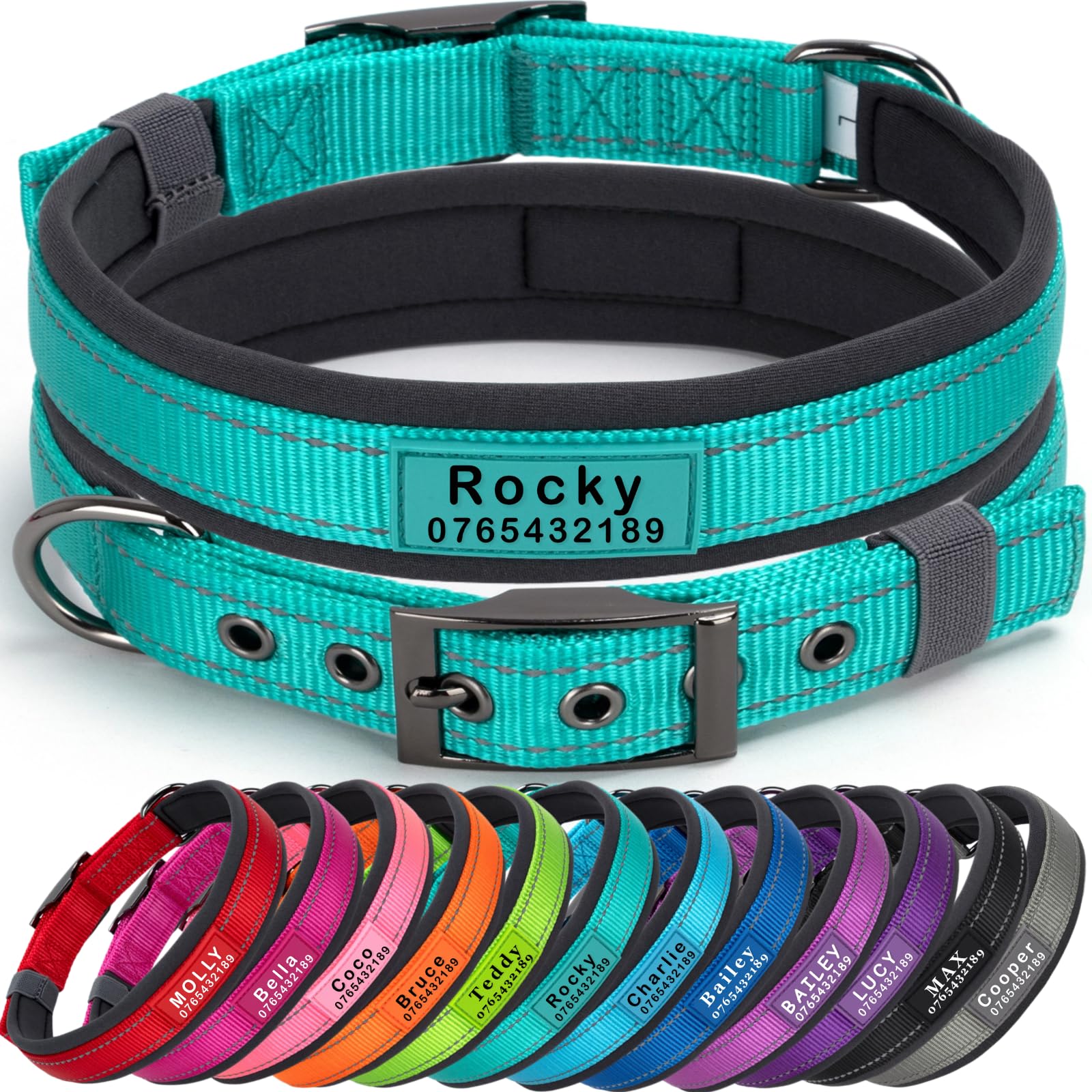 SEOUGEE Personalised Dog Collar with Name and Phone Number | Durable Metal Buckle | Ultra Wide Soft Neoprene Padded | Adjustable Reflective Dog Collar for Medium Large Dogs (L, Dark Green 47-57cm)