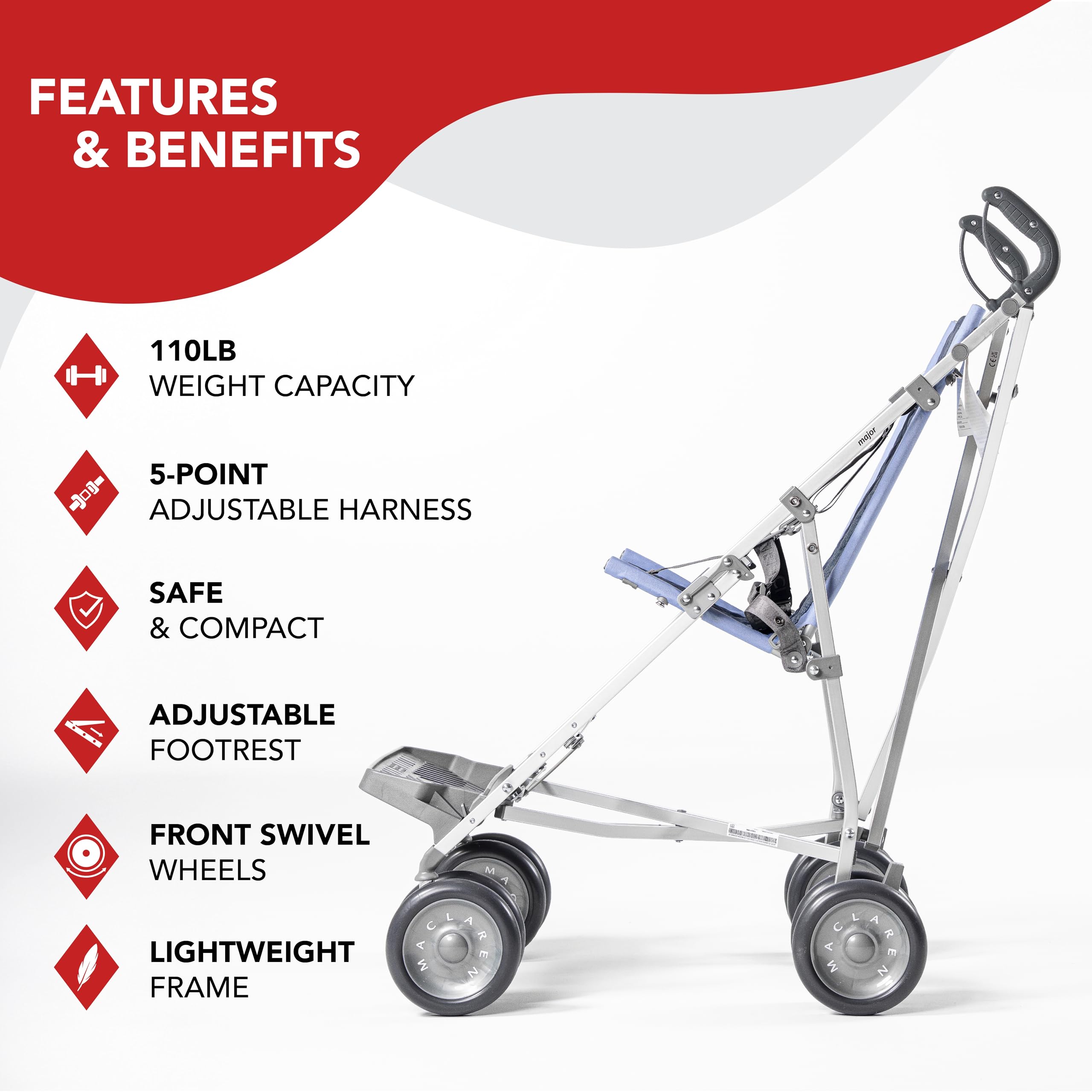 Poussette Maclaren Major Elite pour personnes en situation de handicap avec ensemble d’accessoires * Poussette pour enfants à besoins spécifiques jusqu’à 50 kg * Pliage type parapluie * (Bleu marine)