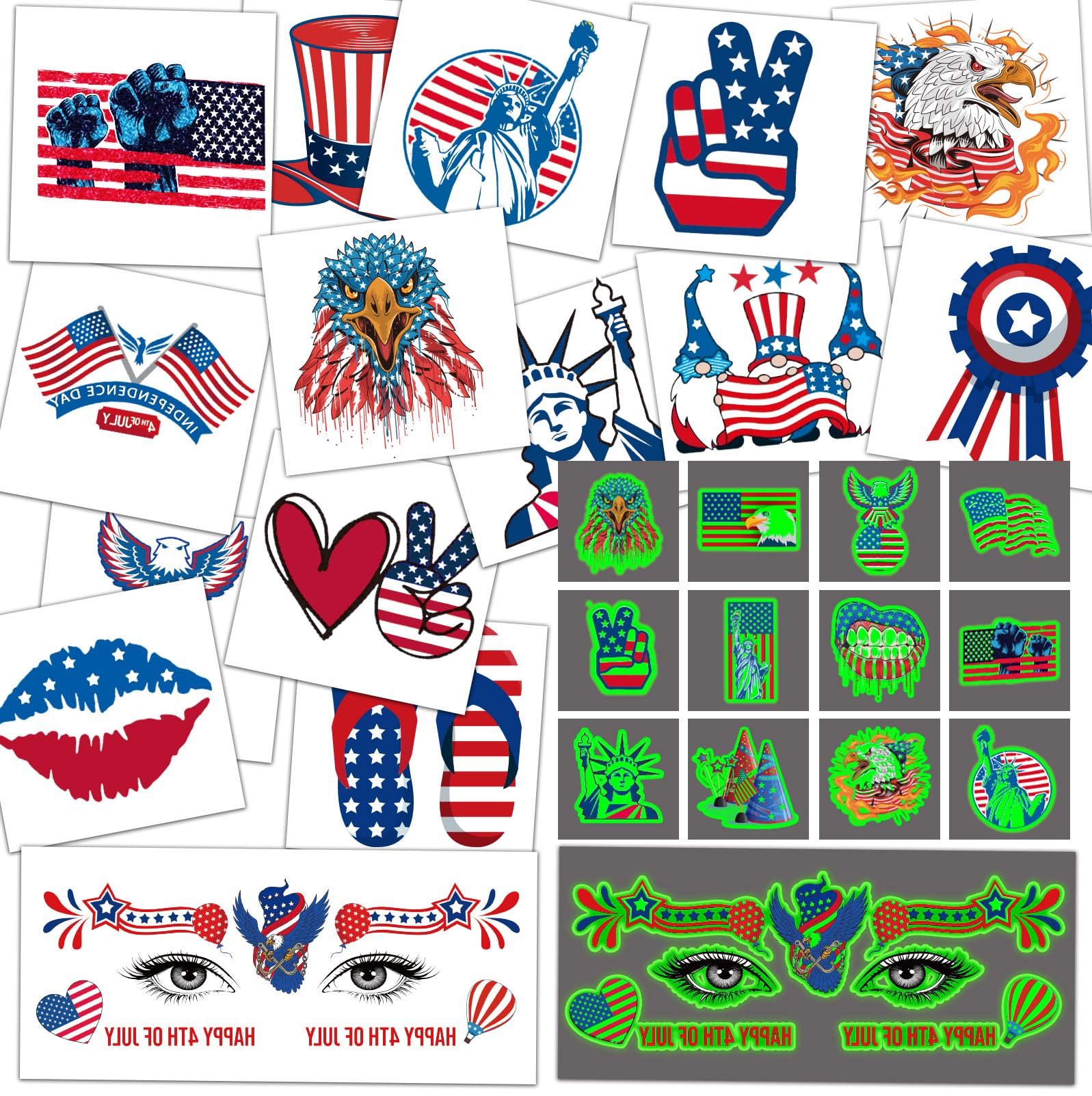 4th of July Temporary Tattoos Decorations, 68Pcs Fourth of July Accessories Luminous Independence Day Decorations Individual America USA Flag