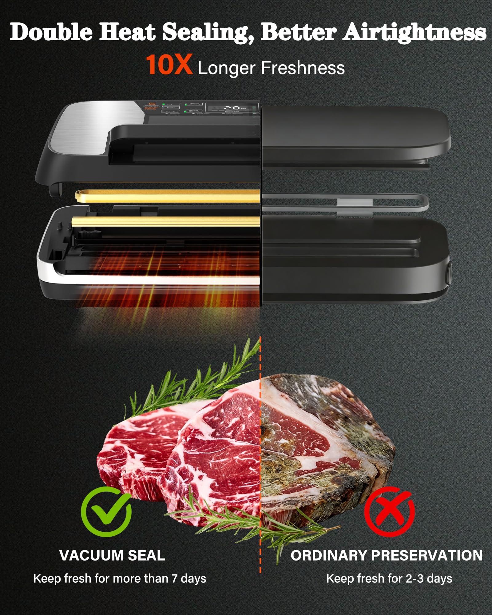 Envasadora al Vacío Doméstica y Profesional para Alimentos – 95 kPa, Aparato 12 en 1 con Doble Soldadura, Easy-Lock, Cortador de Film Integrado, Bandeja Desmontable para Conservación de Larga Duración