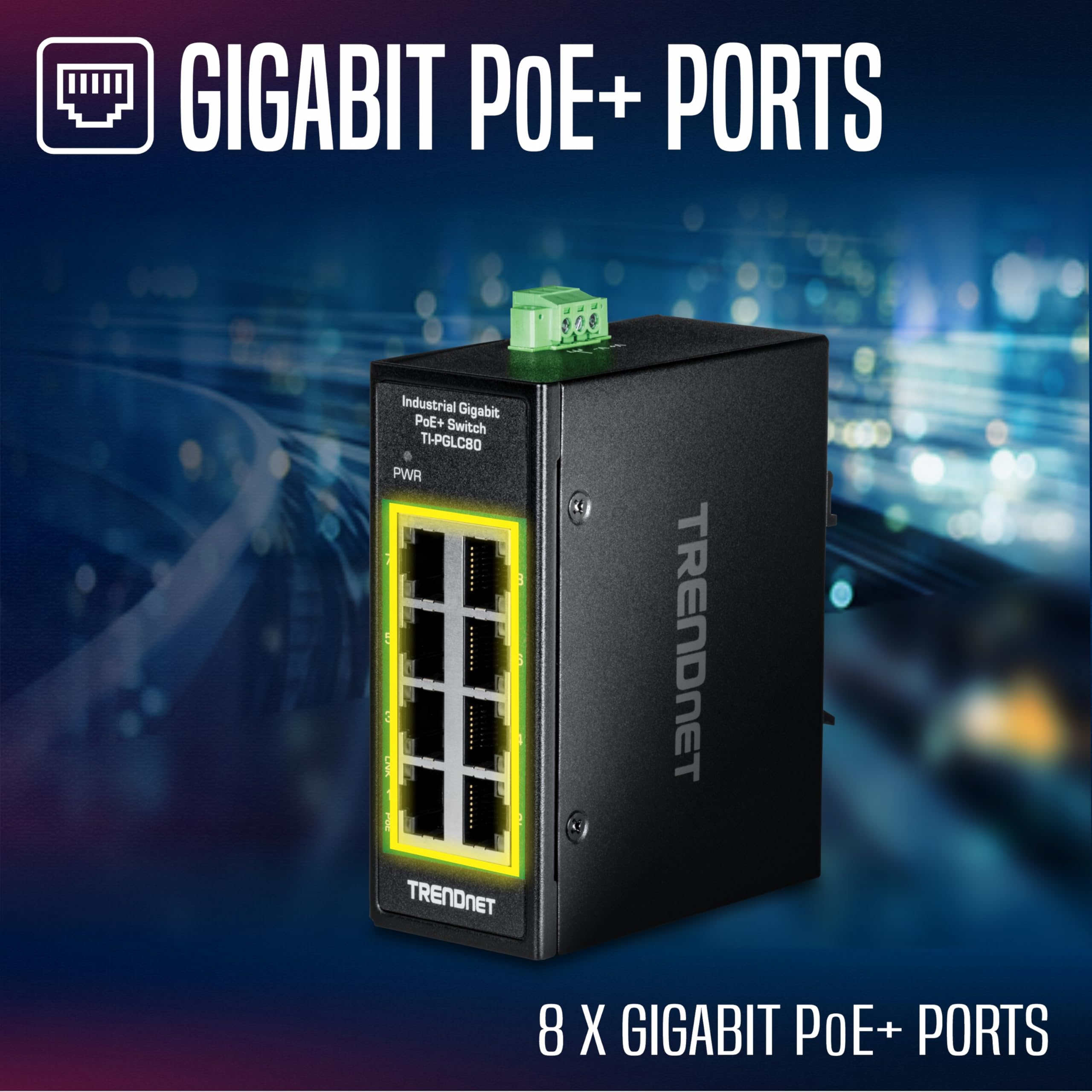 TRENDnet - Mini Interruptor Industrial Gigabit PoE+ DIN-Rail de 8 Puertos, TI-PGLC80, 8 Puertos Gigabit PoE+, 200 W PoE+ de presupuesto de Potencia, 16 Gbps, Compatible con NDAA y TAA