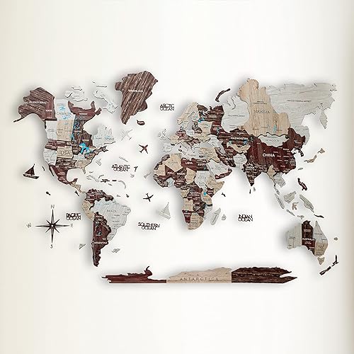 Mapa del mundo de madera 3D, decoración de pared 3D con mapa de madera del mundo, fácil instalación con cinta de doble cara, incluye complementos,