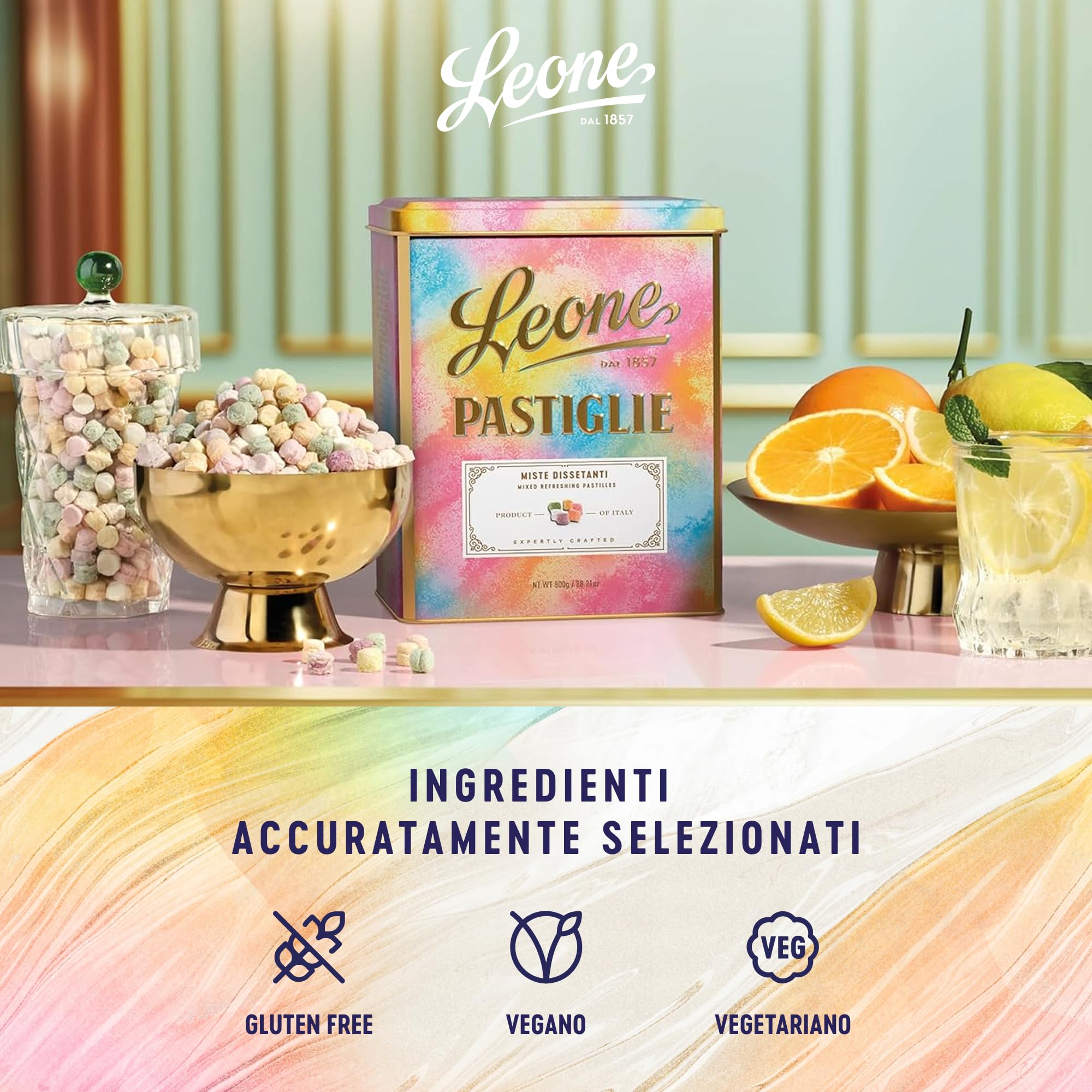 Leone dal 1857 - Latta Pastiglie Leomne Miste Dissetanti - Caramelle Vegane e Senza Glutine - Latta da 800 gr