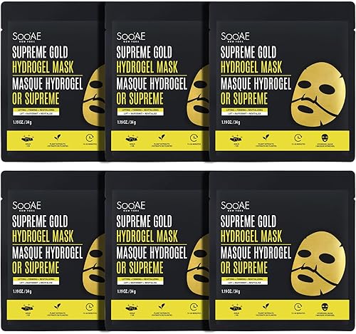 Soo'AE Gold Hydrogel Mask 6EA Máscara facial revitalizante y reafirmante con oro + hidrogel hidratante que aumenta la humedad, tratamiento facial