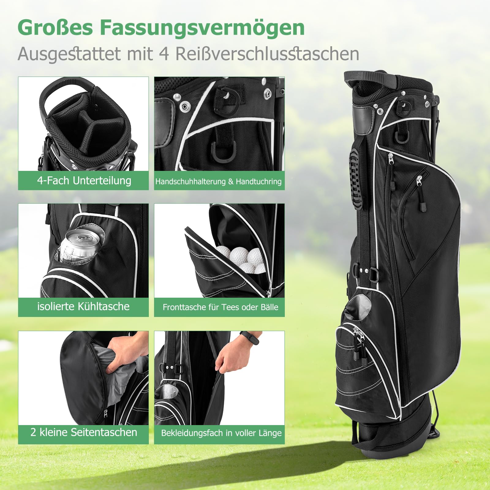 GYMAX Golf Bag, tragbare Golftasche mit 4-fachen Trennwänden, Griffen & Ständer, leichte Golf Standbag für Herren & Frauen