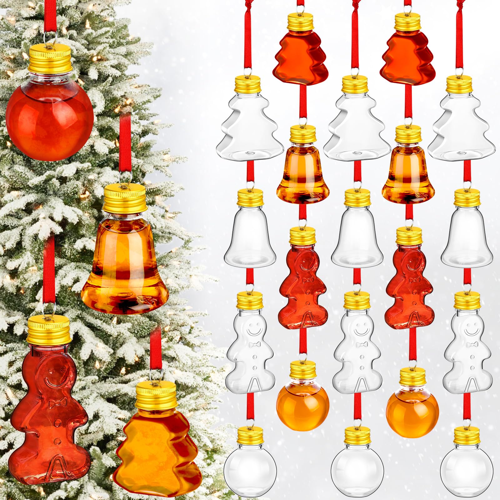 Patelai 24 Pcs Christmas Booze Balls Ornaments Christmas Fillable Drink Balls Booze Tree Ornaments Clear Plastic Shot Glasses Bulk Hanging Bottle Bulbs for Xmas Party(Ball, Tree, Bell, Gingerbread)