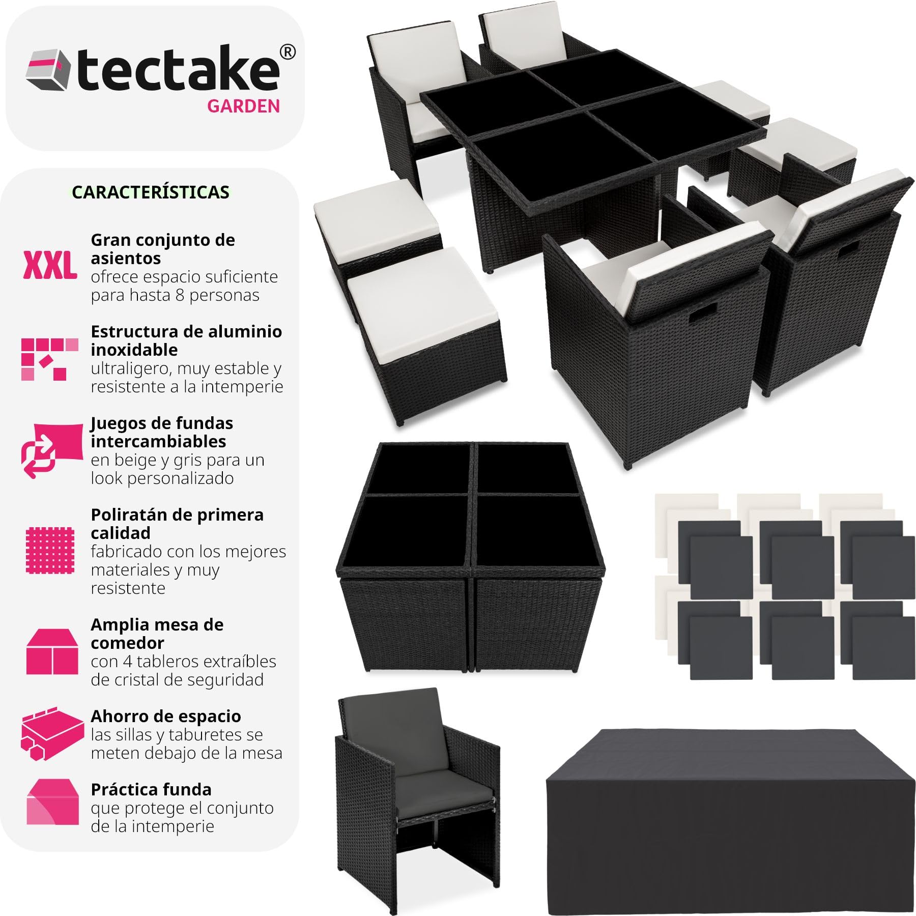 tectake® Conjunto Jardín Exterior de Ratán y Aluminio, Muebles Jardín Exterior Resistentes a la Intemperie, para hasta 8 Personas, con 2 Juegos de Fundas y Funda Protectora - Negro