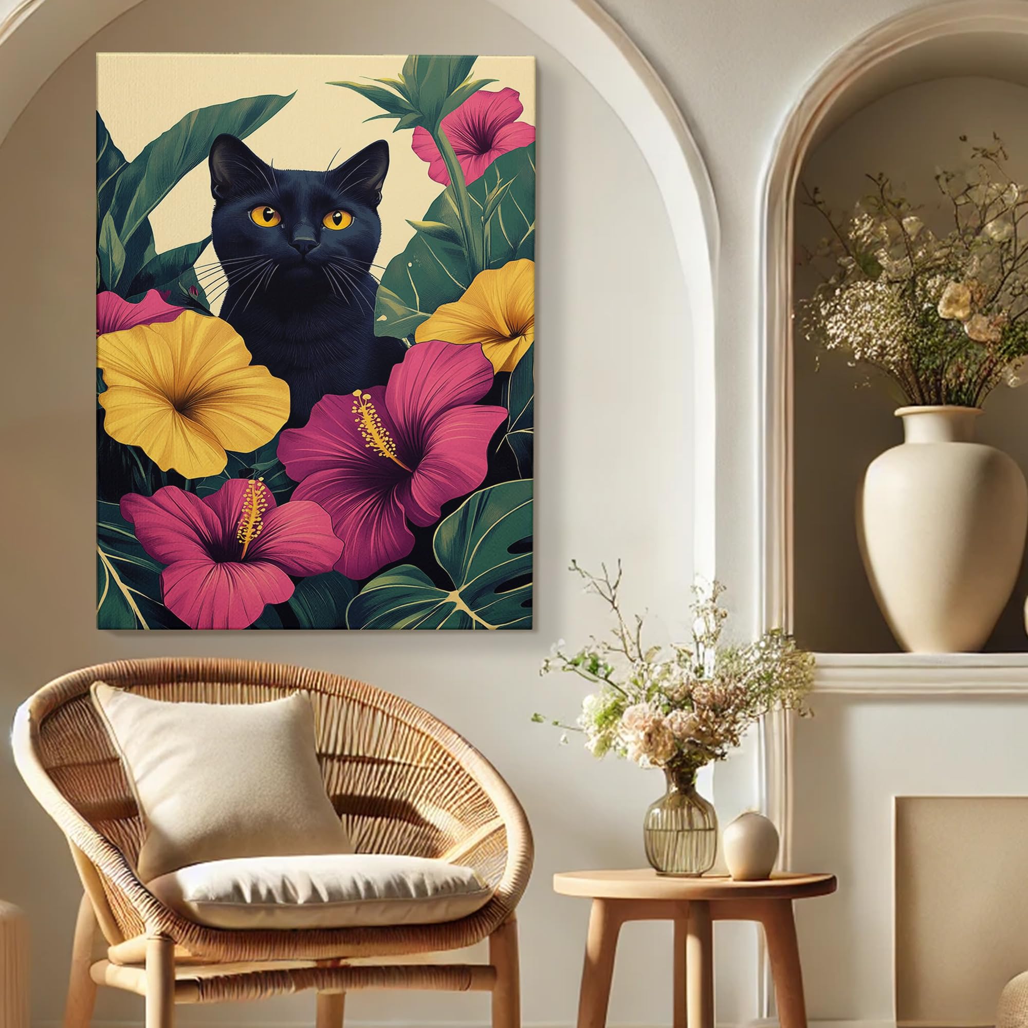 Amazon.com: Tropical Cat Canvas Wall Art, Cat Hibiscus Flowers