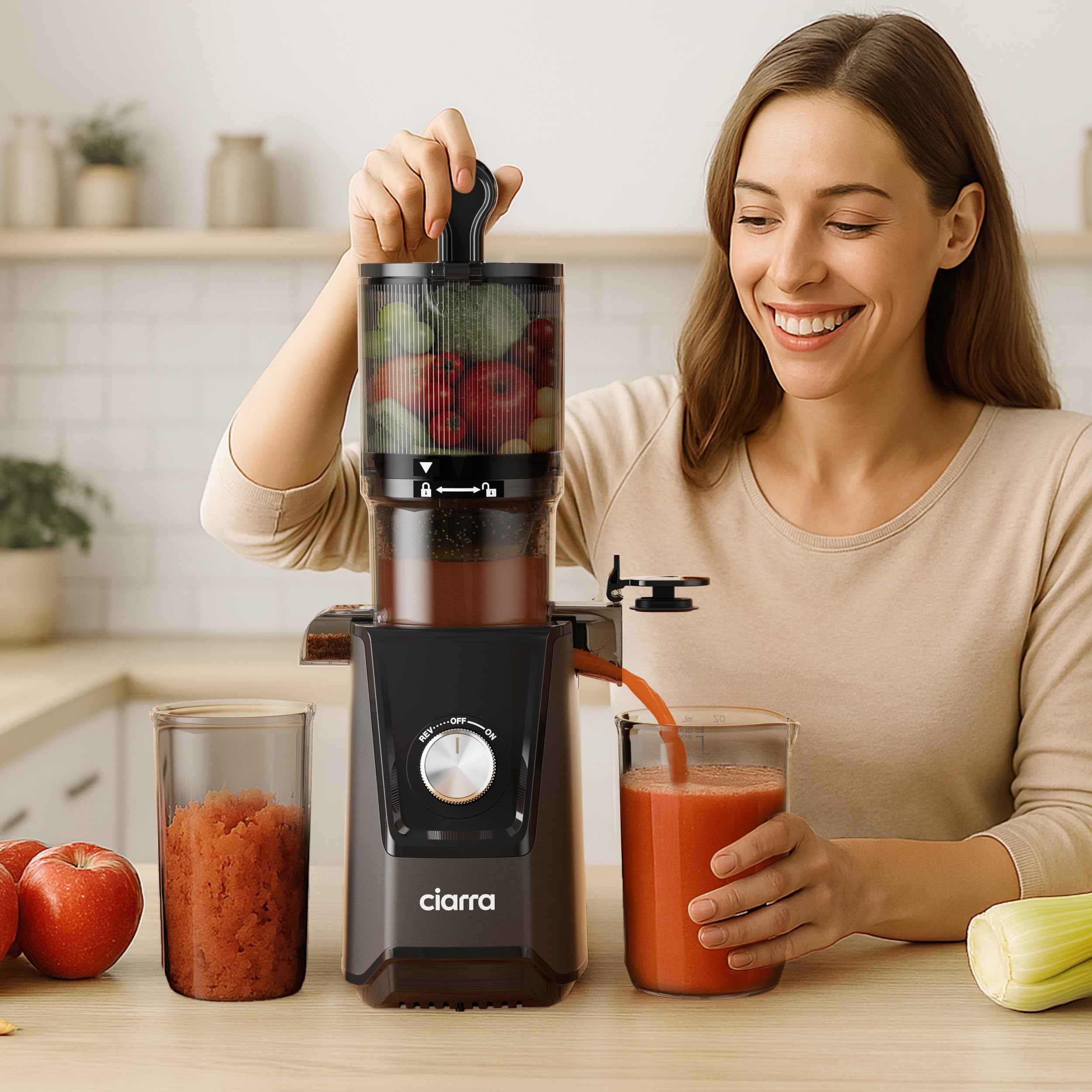 Ciarra CBSJ046-G Exprimidor Lento Canal de Alimentación de 108mm Extractor de Zumos y Verduras con Alta Pureza Slow Juicer XXL Licuadora en frío 2 Vasos Incluidos
