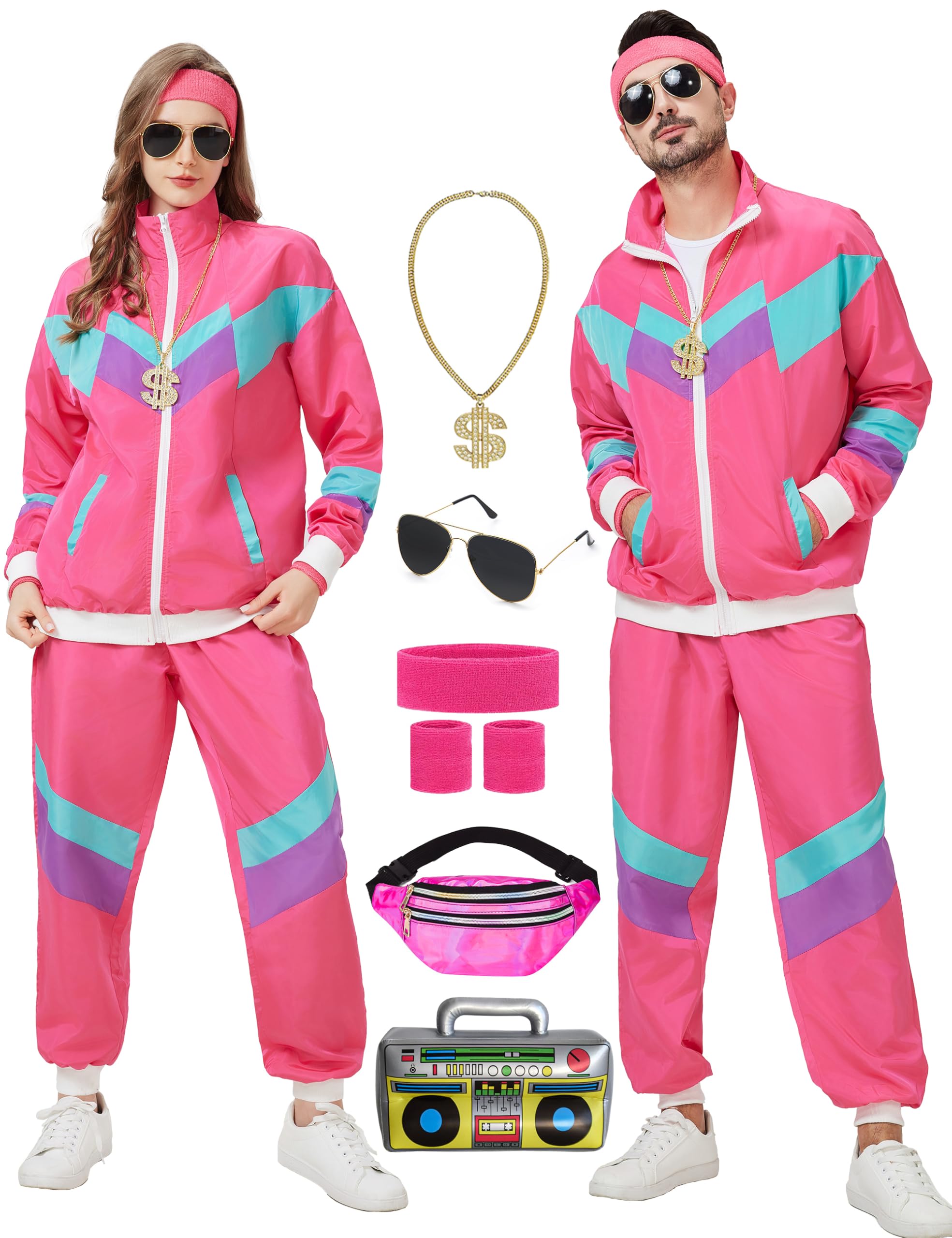 Owurha 80s Track Suit for Men Women 90s Retro Windbreaker Set Couples 90s Tracksuit 80s Costume Men Neon Wind Suit