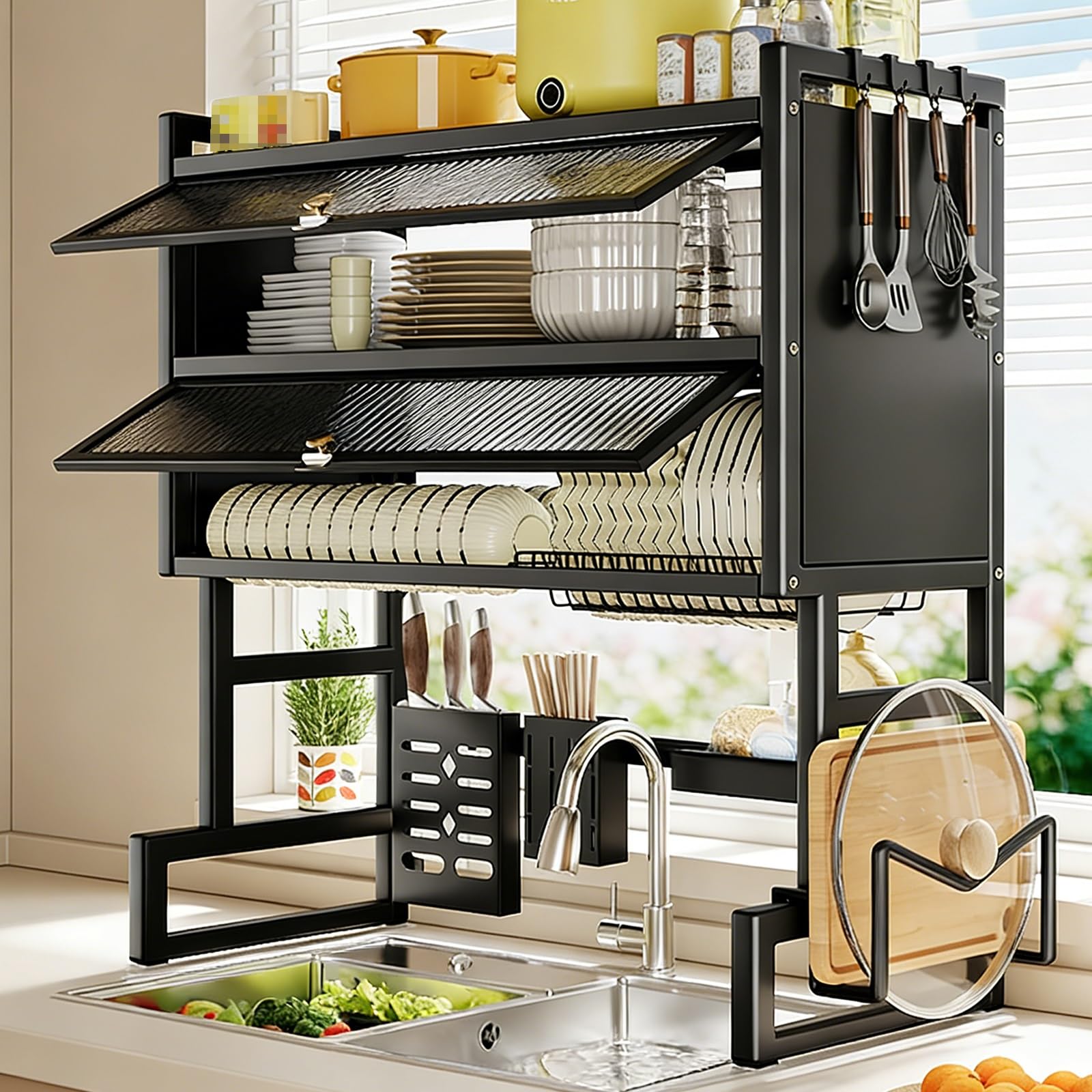THNSAWX Over Sink Dish Drying Rack, Carbon Steel Dish Rack with Dustproof Cover, Space-Saving Dishes Drainer Rack, Kitchen Organizer for Plates, Bowls, Pots(Black 2 Tier,75cm/29.5in)