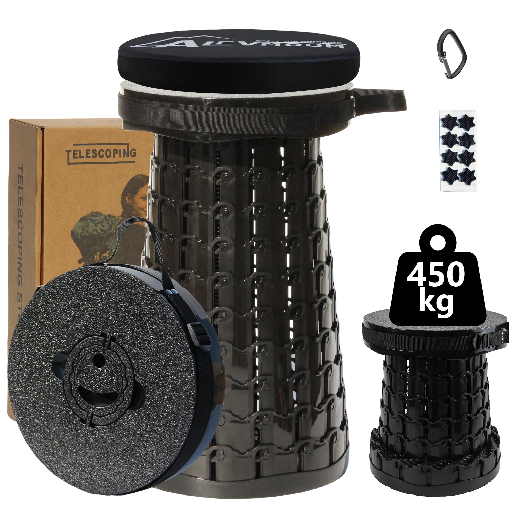 ALEVMOOM XXL Klapphocker mit dickem Kissen, 7–50 cm Verstellbarer Teleskop-Klapphocker, maximale Belastung 450 kg für Camping, Angeln, Wandern, Grillen im Freien
