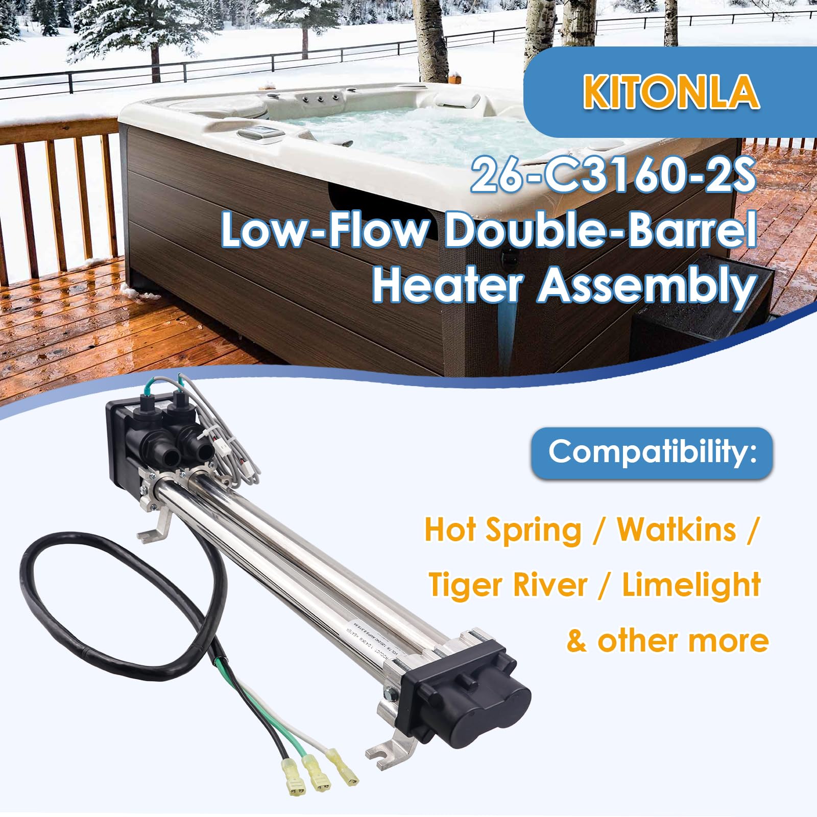 KITONLA 26-C3160-2S Low-Flow Double-Barrel Heater Assembly, 1.0/4.0KW 120/240 Volt, Compatible with Hot Spring/Watkins/Tiger River/Limelight/Laing Tri-Bend Heater, Replace# C3160-2S 73039 73791